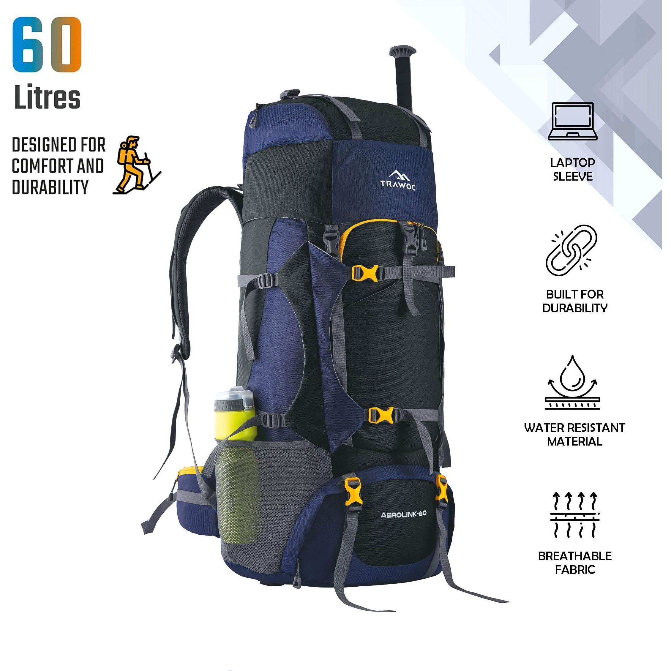 TRAWOC AEROLINK 60 Liter Travel Backpack Hiking Trekking Bag Camping Rucksack for Men & Women, 3 Year Warranty, Black, HK006