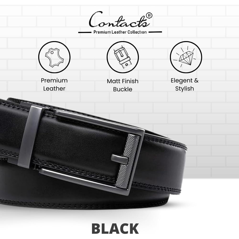 Contacts Genuine Leather Belt for Men with Easier Adjustable Autolock Buckle - Micro Adjustable Belt Fit Everywhere |Formal & Casual | Elegant Gift Box (15-Black-Waist Size Fit from 28  to 42 )