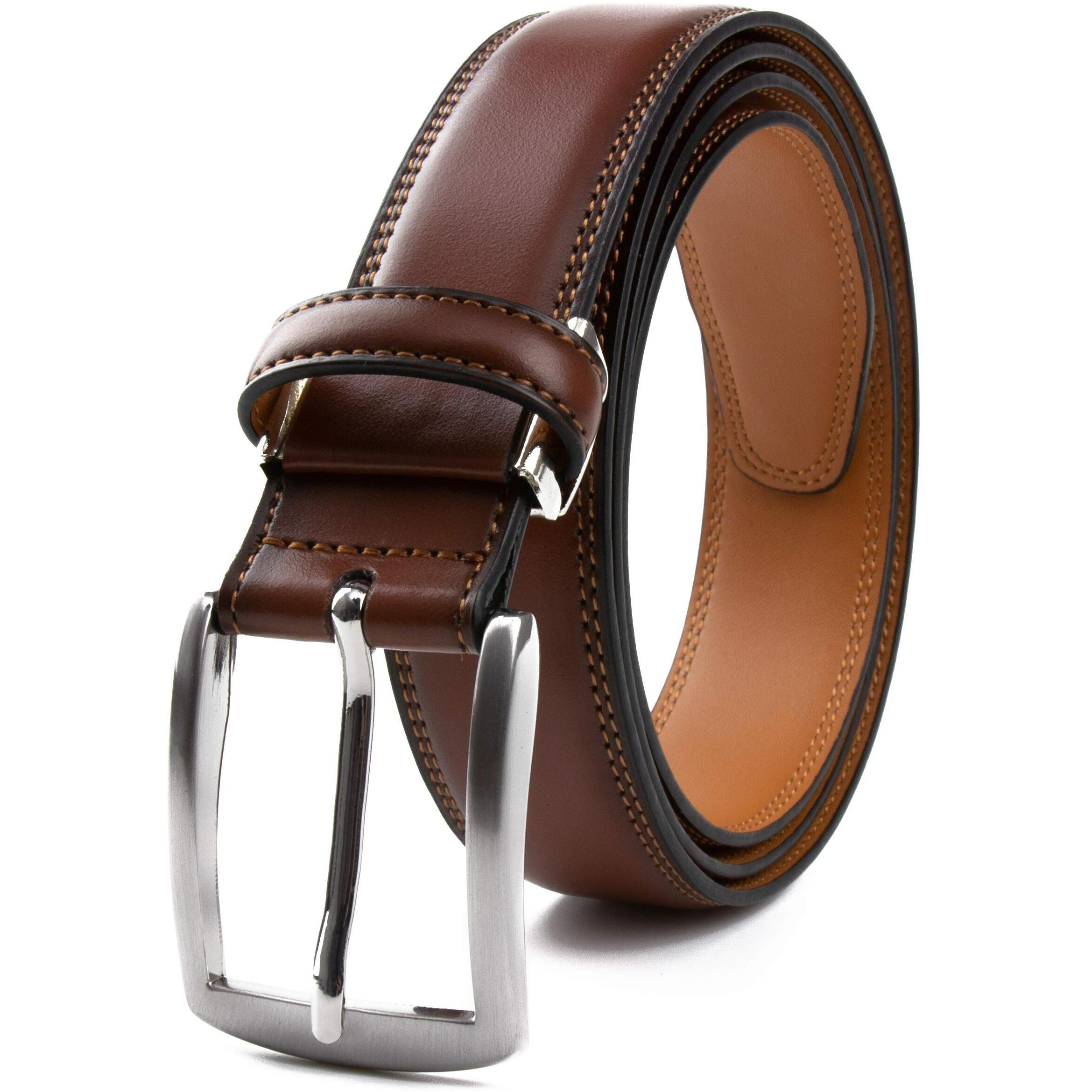 Contacts Men s Genuine Leather Pin Buckle Belt | Leather Belt for Men Classic Designs for Work & Business Casual (Brown)