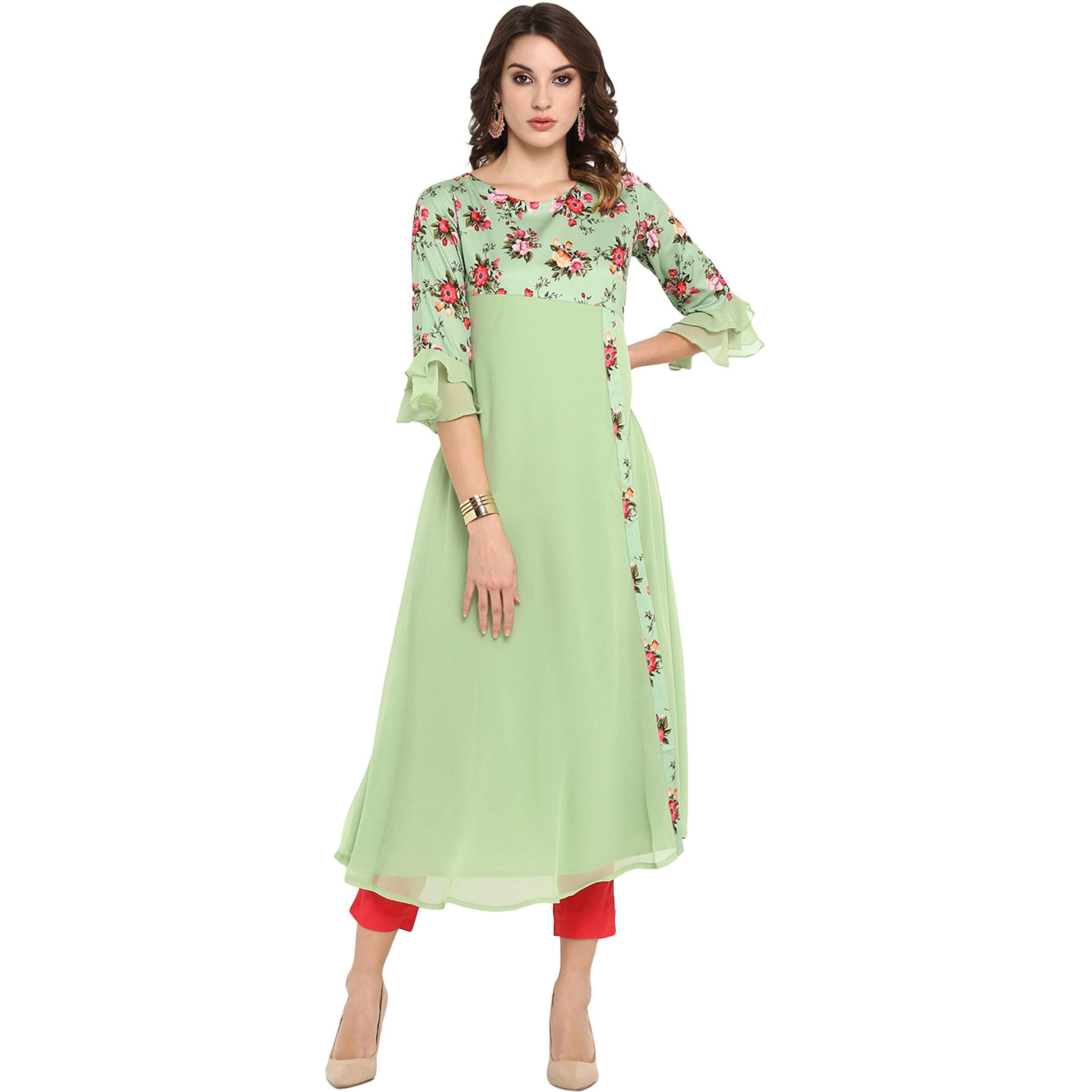 Janasya Women s Light Green Poly Crepe Floral Print A-line Kurta(JNE3368-KR-XS)