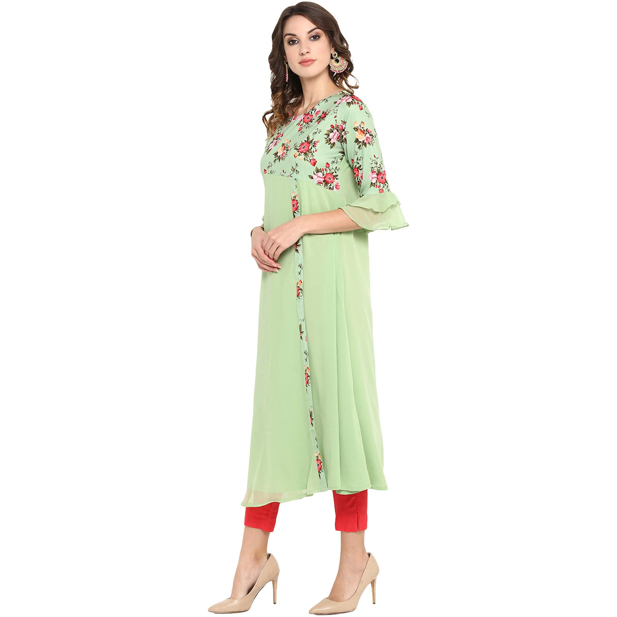 Janasya Women s Light Green Poly Crepe Floral Print A-line Kurta(JNE3368-KR-XS)