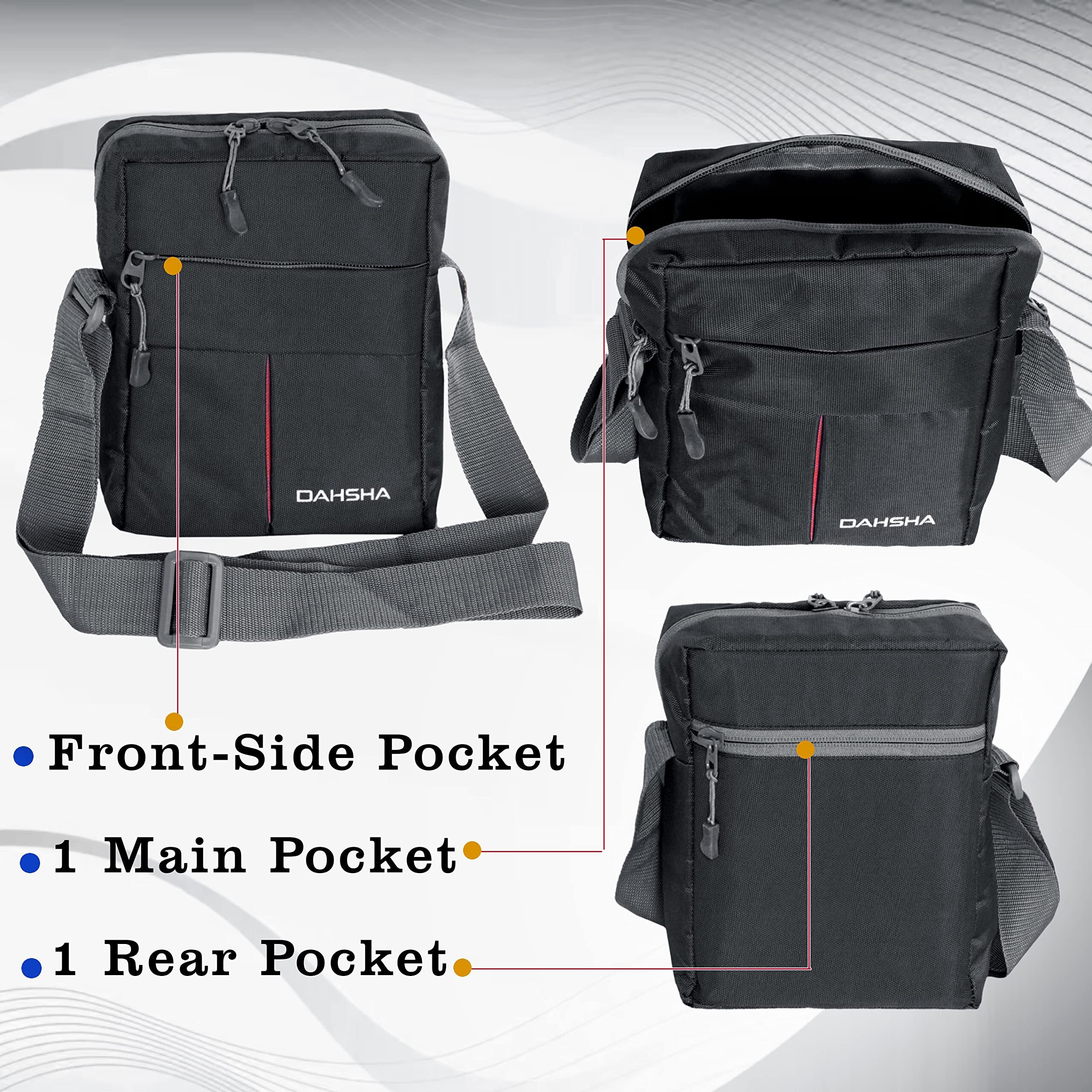 DAHSHA Sling Cross Travel Messenger Bag, With Multi Pocket Zip Closure, Nylon Padded, Stylish bag for Men and Women (Black - 21.5 X 6.5 x 16 Cm)