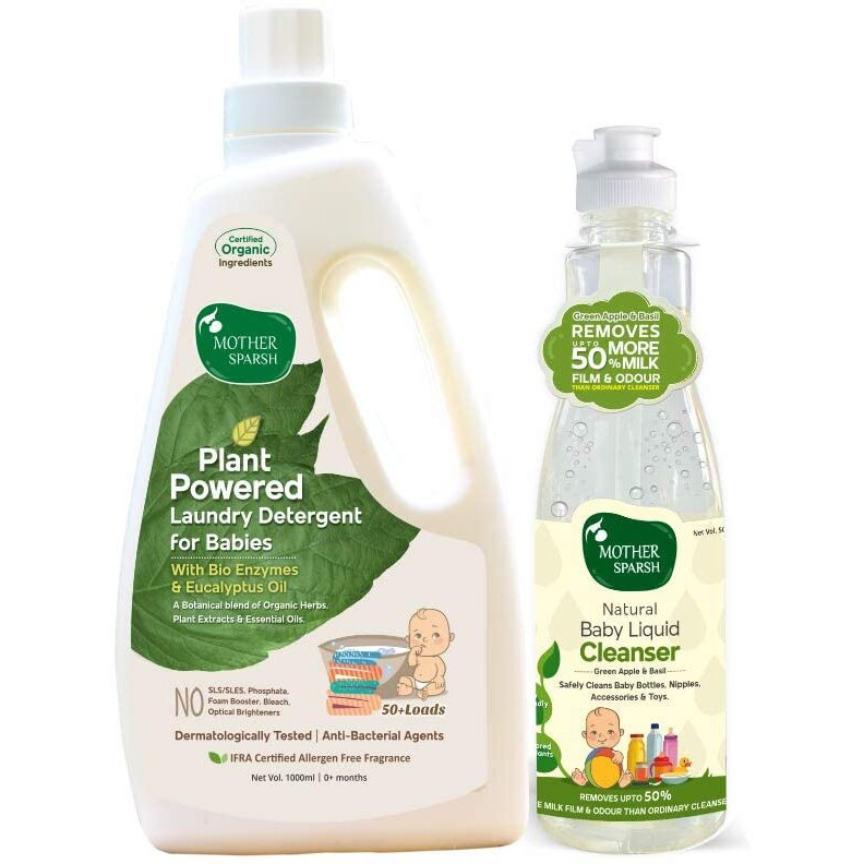 Mother Sparsh Plant Powered Baby Laundry Liquid Detergent, 1Ltr. & Natural Baby Liquid Cleanser with Green Apple & Basil, 500 ml