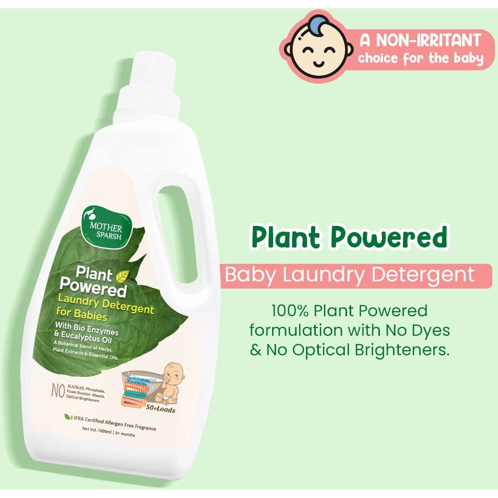 Mother Sparsh Plant Powered Baby Laundry Liquid Detergent, 1Ltr. & Natural Baby Liquid Cleanser with Green Apple & Basil, 500 ml