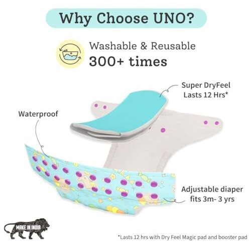 SuperBottoms NEW UNO Freesize Cloth Diaper | Cloth diaper for babies 3M to 3Y | Washable & Reusable cloth diaper | Comes with cloth diaper insert | 1 Diaper and 1 Organic cotton Soaker
