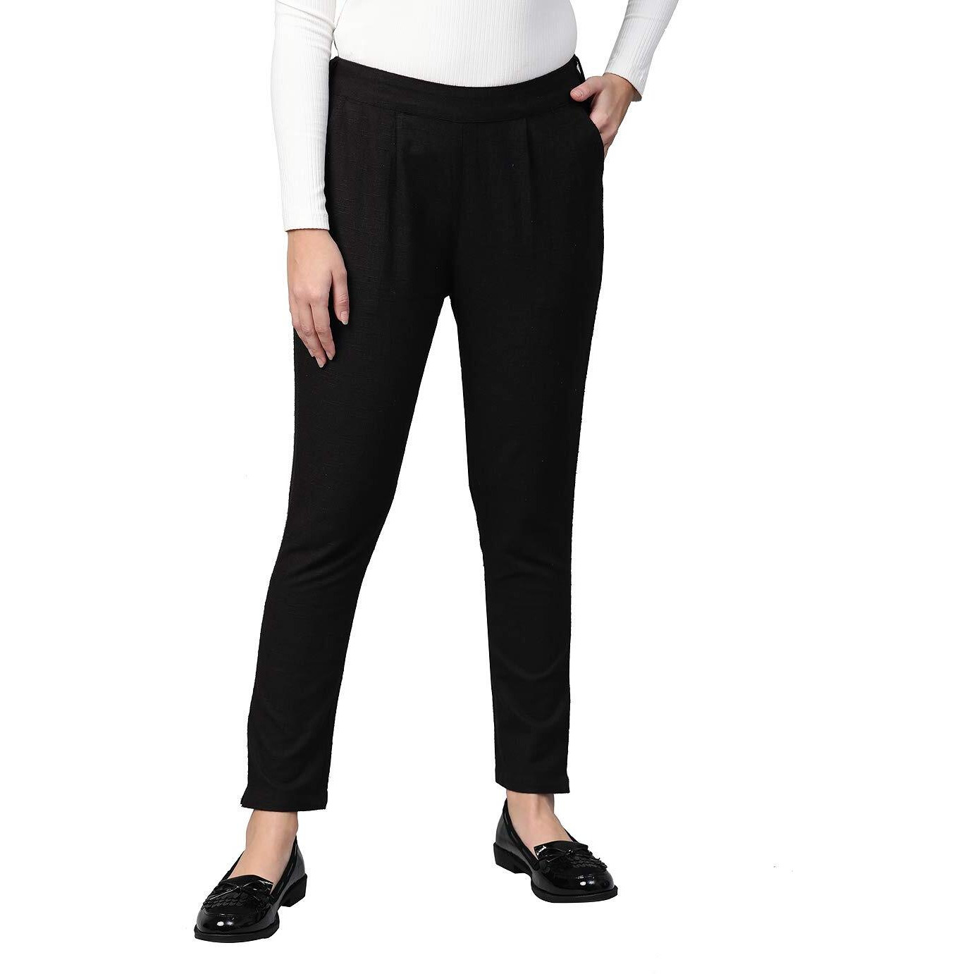 Yash Gallery Women s Solid Cotton Slub Ankle Length Regular Fit Mid Rise Trouser Pant (Black, Small)