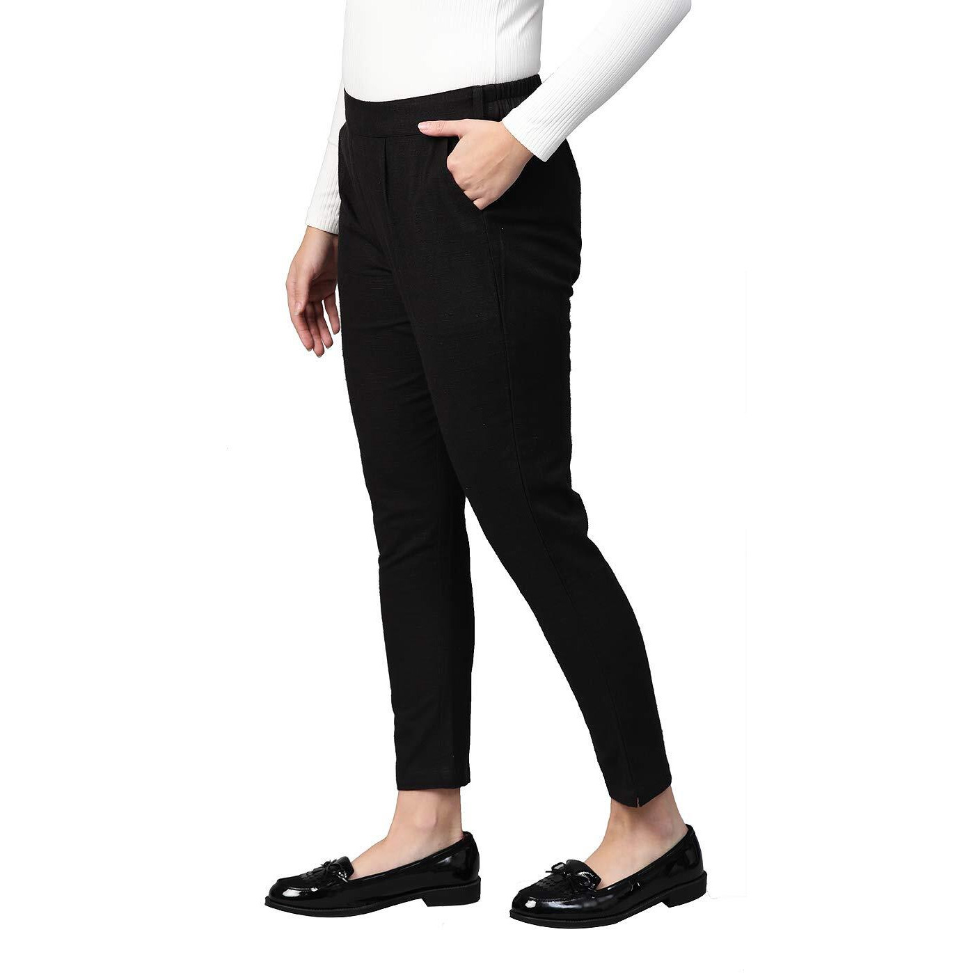 Yash Gallery Women s Solid Cotton Slub Ankle Length Regular Fit Mid Rise Trouser Pant (Black, Small)