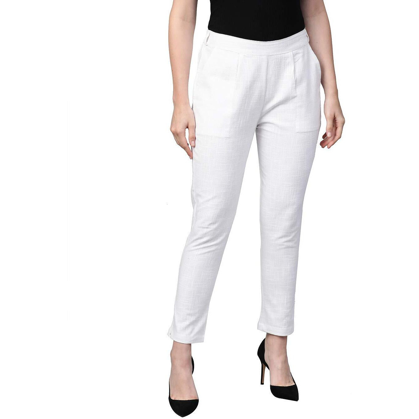 Yash Gallery Women s Plus Size Solid Cotton Slub Regular Fit Mid Rise Ankle Length Trouser Pant (White, XXL)