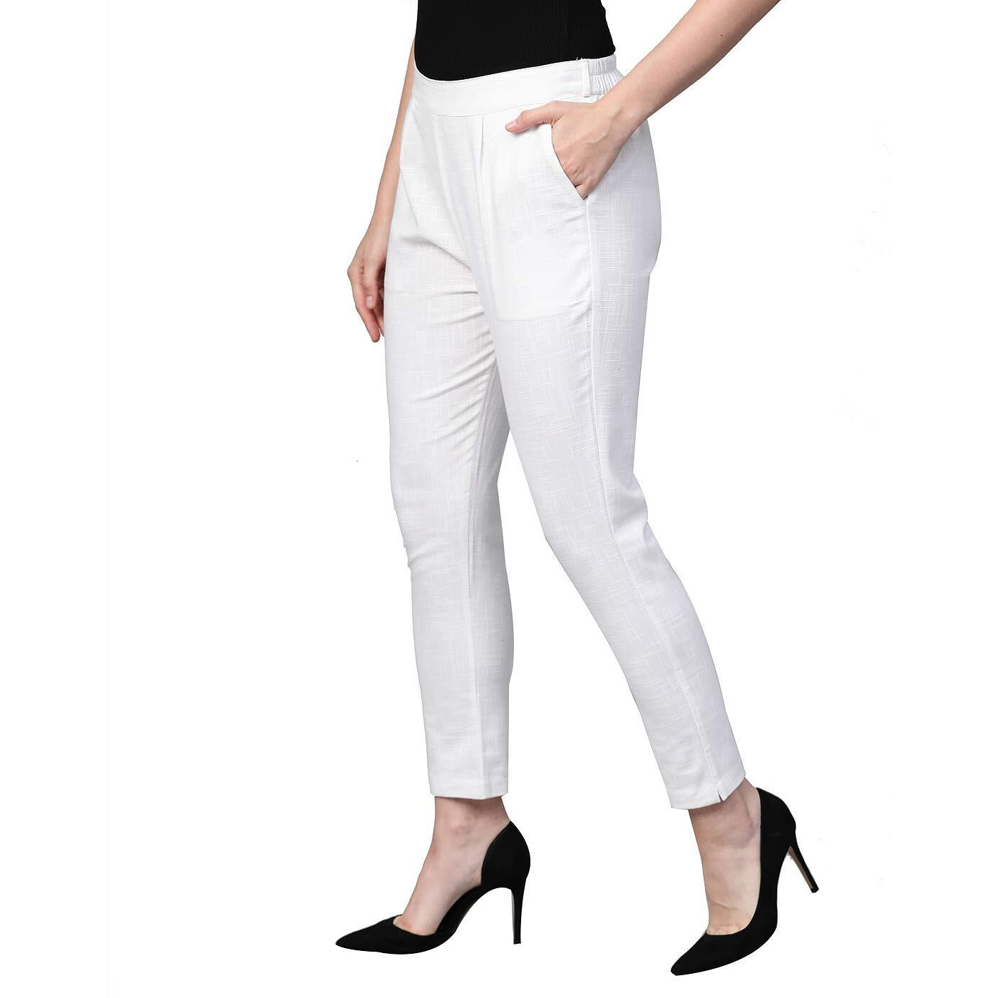 Yash Gallery Women s Plus Size Solid Cotton Slub Regular Fit Mid Rise Ankle Length Trouser Pant (White, XXL)