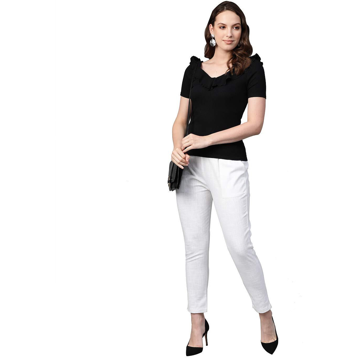 Yash Gallery Women s Plus Size Solid Cotton Slub Regular Fit Mid Rise Ankle Length Trouser Pant (White, XXL)