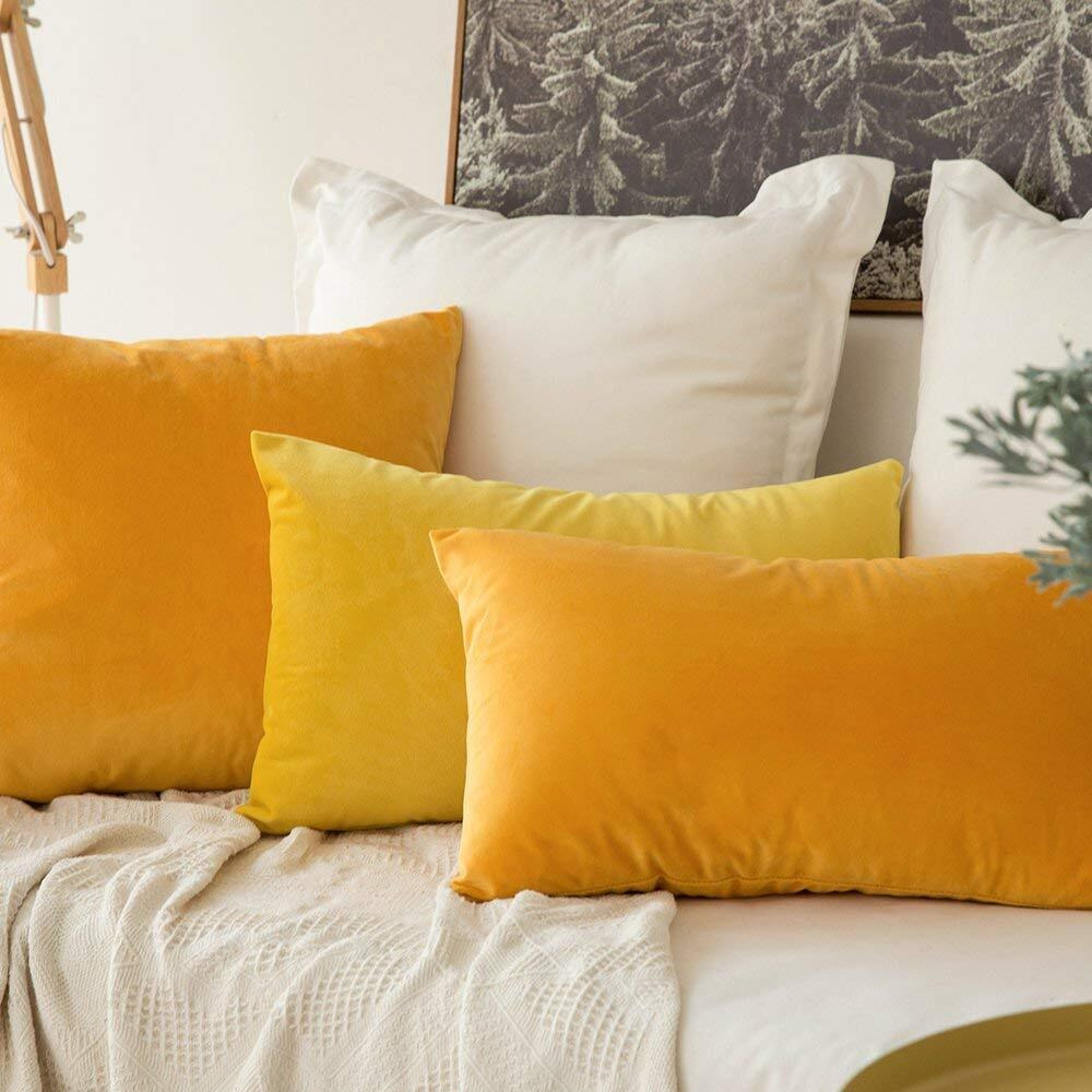 Khooti Rectangular Velvet Cushion Cover, 17x27 (Orange Yellow)(Pack of 1)