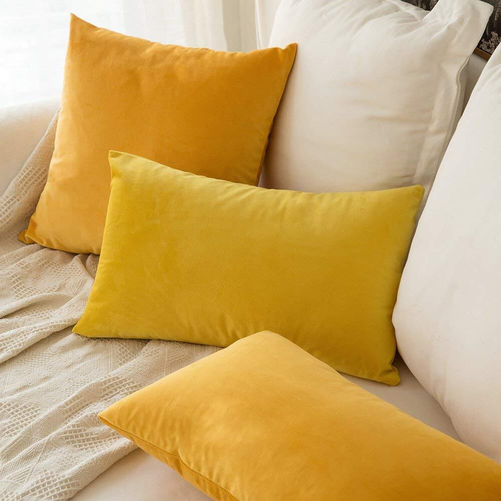 Khooti Rectangular Velvet Cushion Cover, 17x27 (Orange Yellow)(Pack of 1)
