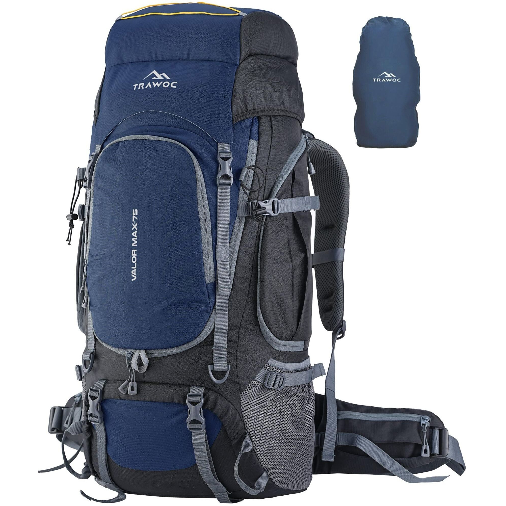 TRAWOC VALOR MAX 75 Ltr Travel Backpack Camping Hiking Trekking Bag Rucksack for Men & Women with Rain Cover/Shoe Compartment, Navy Blue, 3 Year Warranty