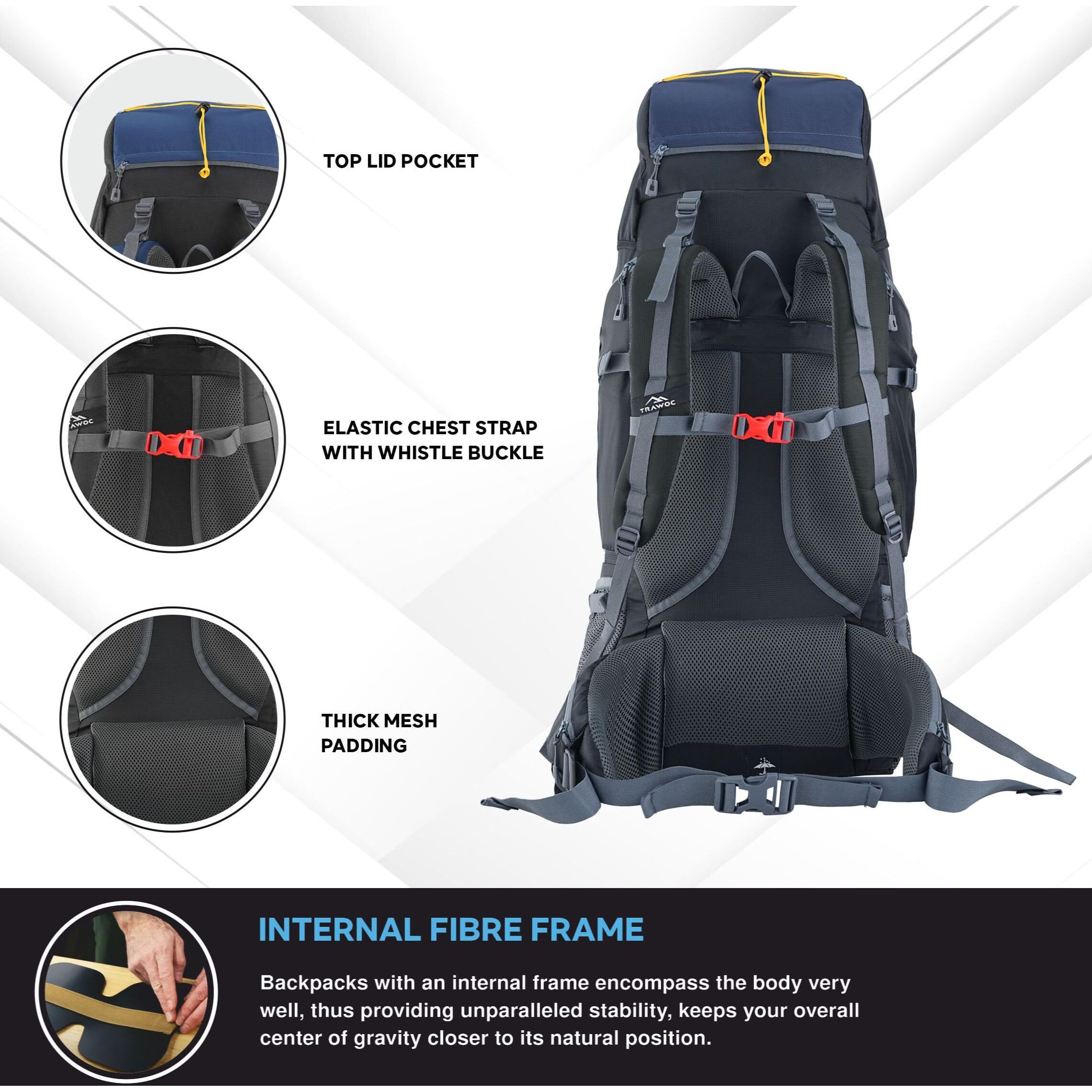 TRAWOC VALOR MAX 75 Ltr Travel Backpack Camping Hiking Trekking Bag Rucksack for Men & Women with Rain Cover/Shoe Compartment, Navy Blue, 3 Year Warranty