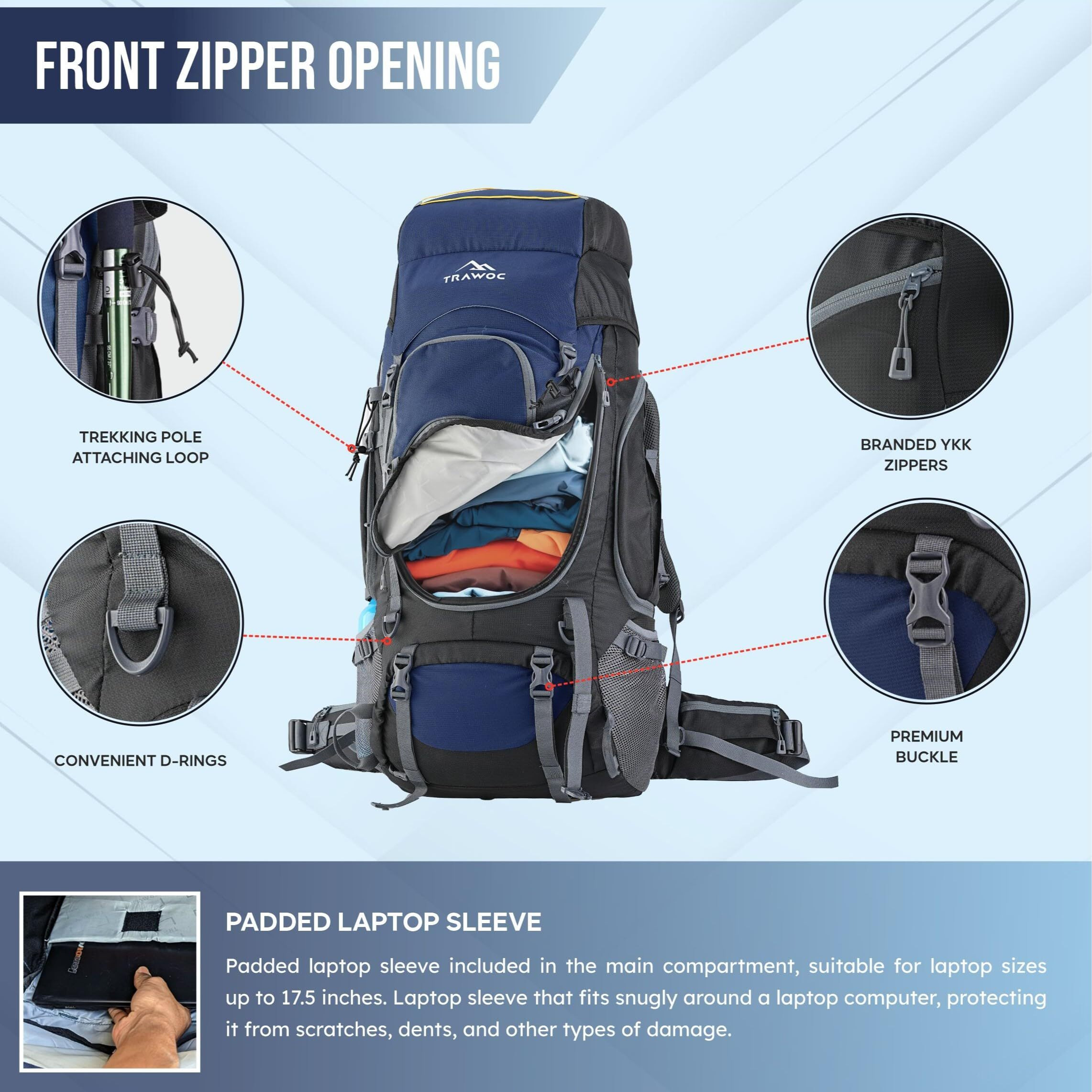 TRAWOC VALOR MAX 75 Ltr Travel Backpack Camping Hiking Trekking Bag Rucksack for Men & Women with Rain Cover/Shoe Compartment, Navy Blue, 3 Year Warranty