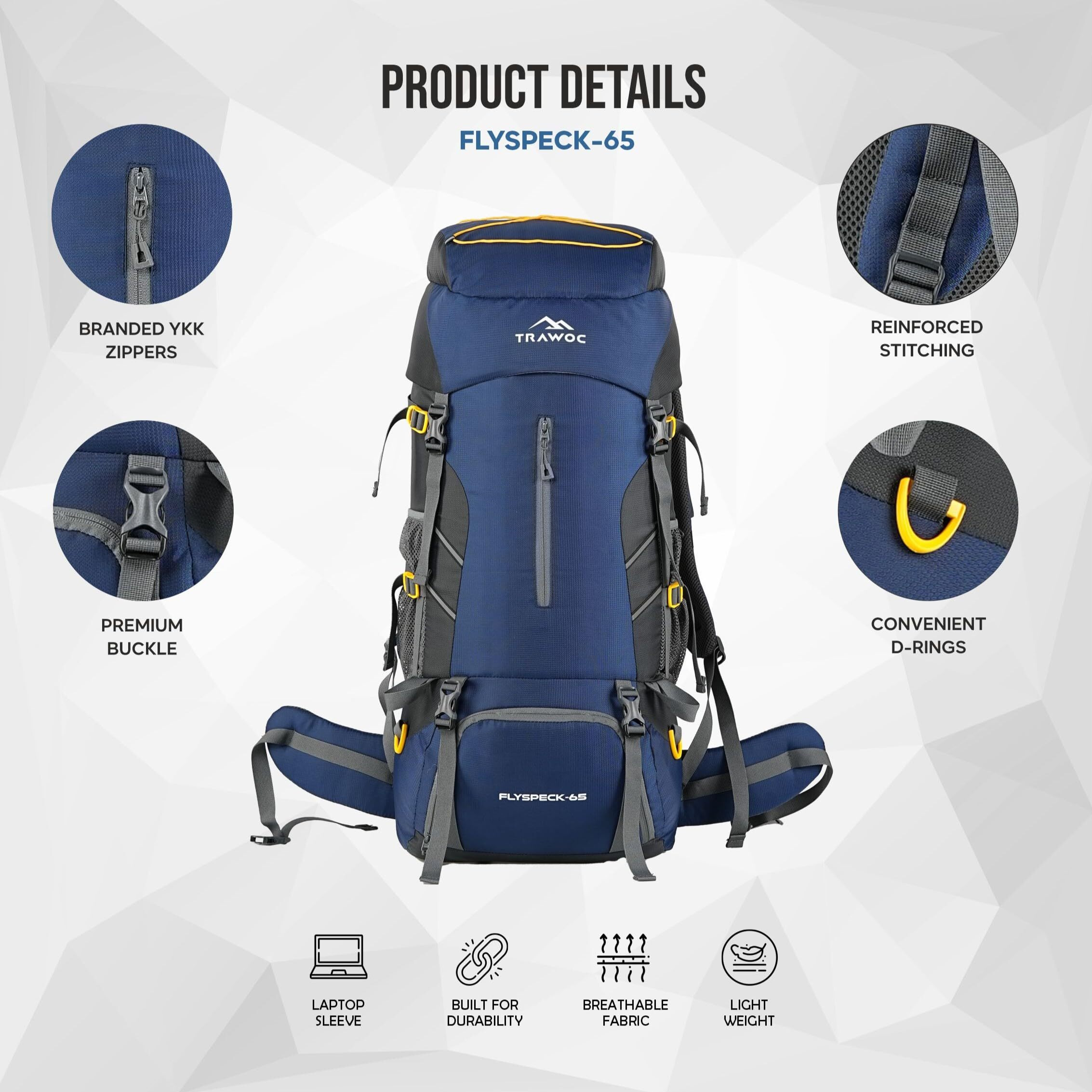 TRAWOC FLYSPECK 65 Liter Hiking Trekking Bag Camping Rucksack Travel Backpack for Men & Women with Shoe Compartment MHK001, 3 Year Warranty, Navy Blue