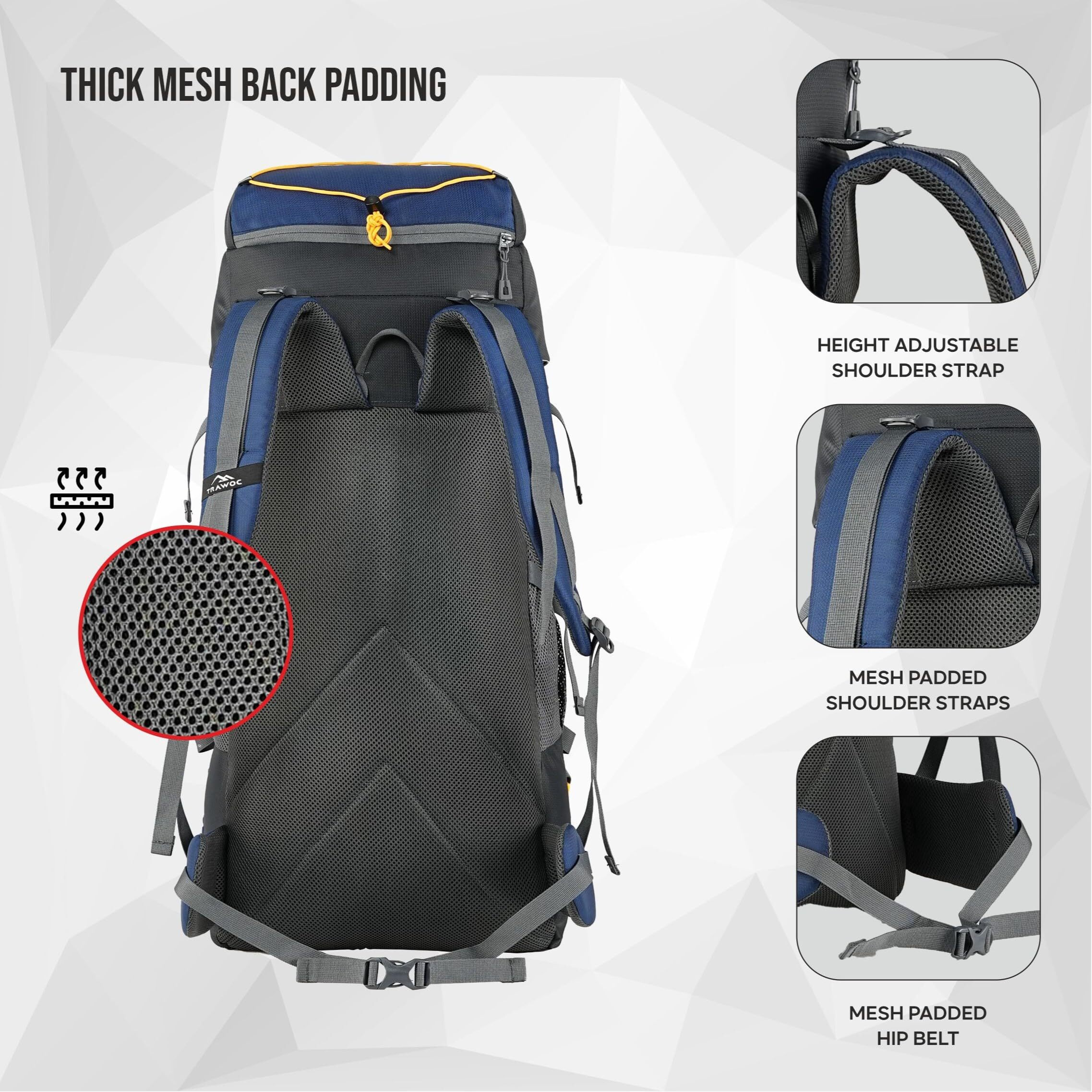 TRAWOC FLYSPECK 65 Liter Hiking Trekking Bag Camping Rucksack Travel Backpack for Men & Women with Shoe Compartment MHK001, 3 Year Warranty, Navy Blue
