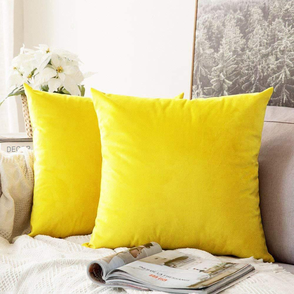 Khooti Velvet Cushion Cover, 22x22 (Lemon Yellow)(Pack of 2)