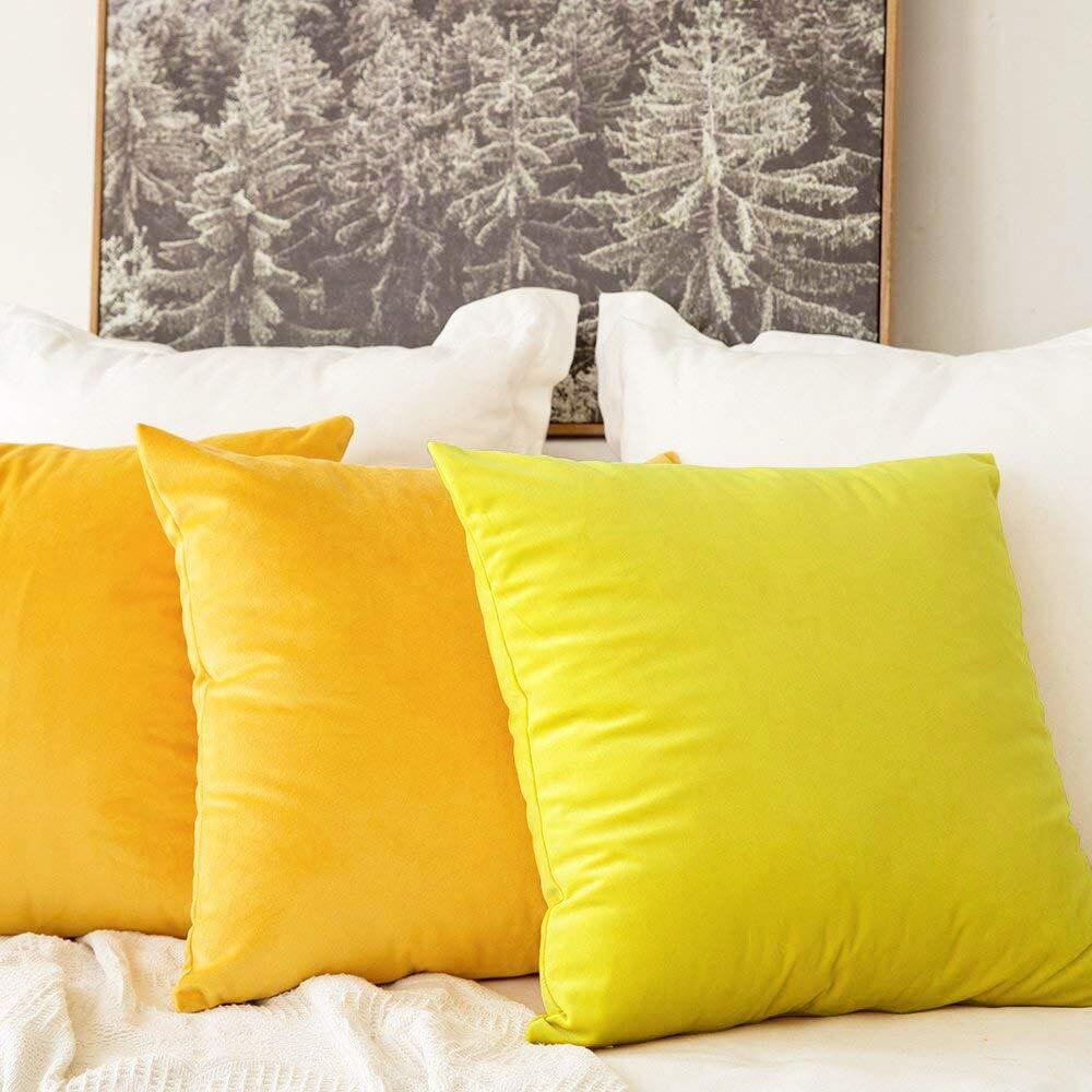 Khooti Velvet Cushion Cover, 22x22 (Lemon Yellow)(Pack of 2)