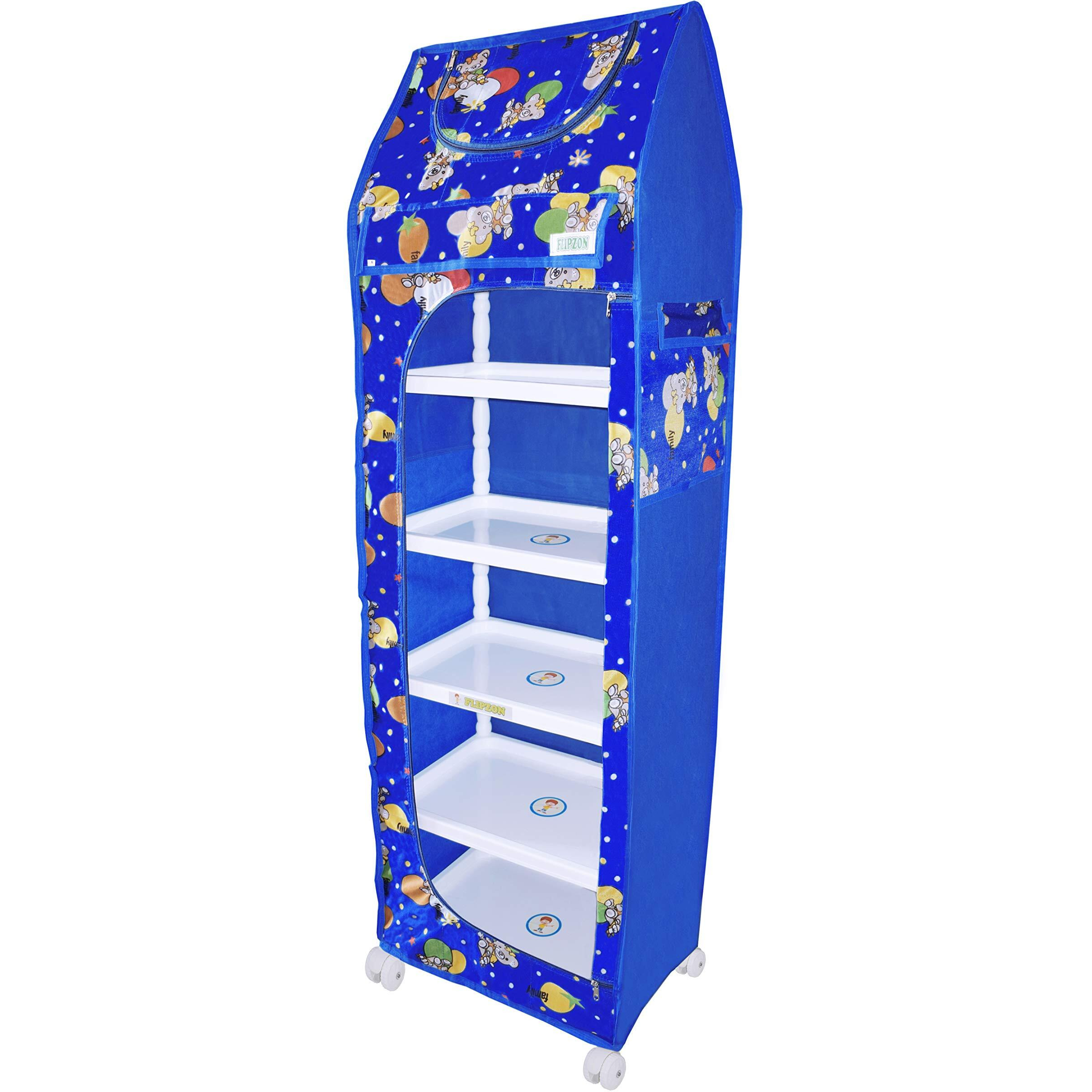 FLIPZON Multipurpose 6 Shelve Baby Wardrobe (Unbreakable Material) - Animal Blue, Pack of 1, Plastic, 149 Cm, 46 Cm