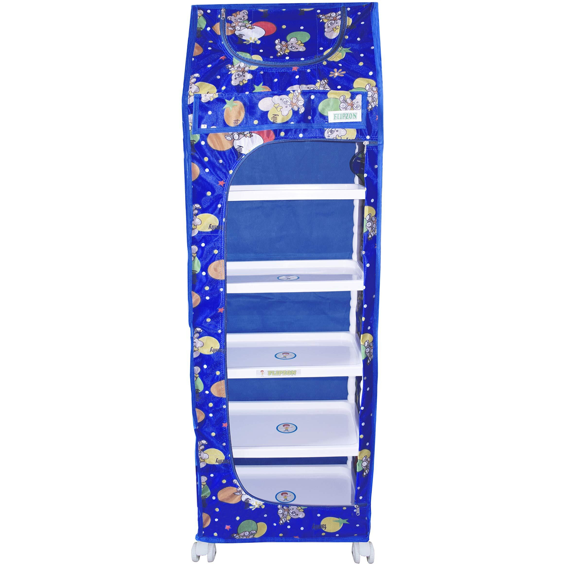 FLIPZON Multipurpose 6 Shelve Baby Wardrobe (Unbreakable Material) - Animal Blue, Pack of 1, Plastic, 149 Cm, 46 Cm