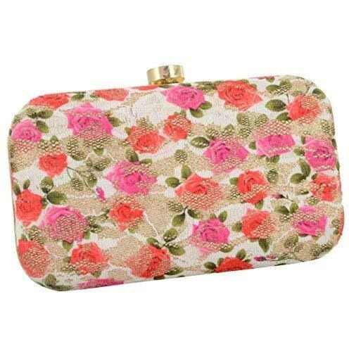 TOOBA Handicraft Hand Embroidered Box Clutch Bag Purse for Bridal, Casual, Wedding Bag for Women & Girls. Gold n Silver Glitter