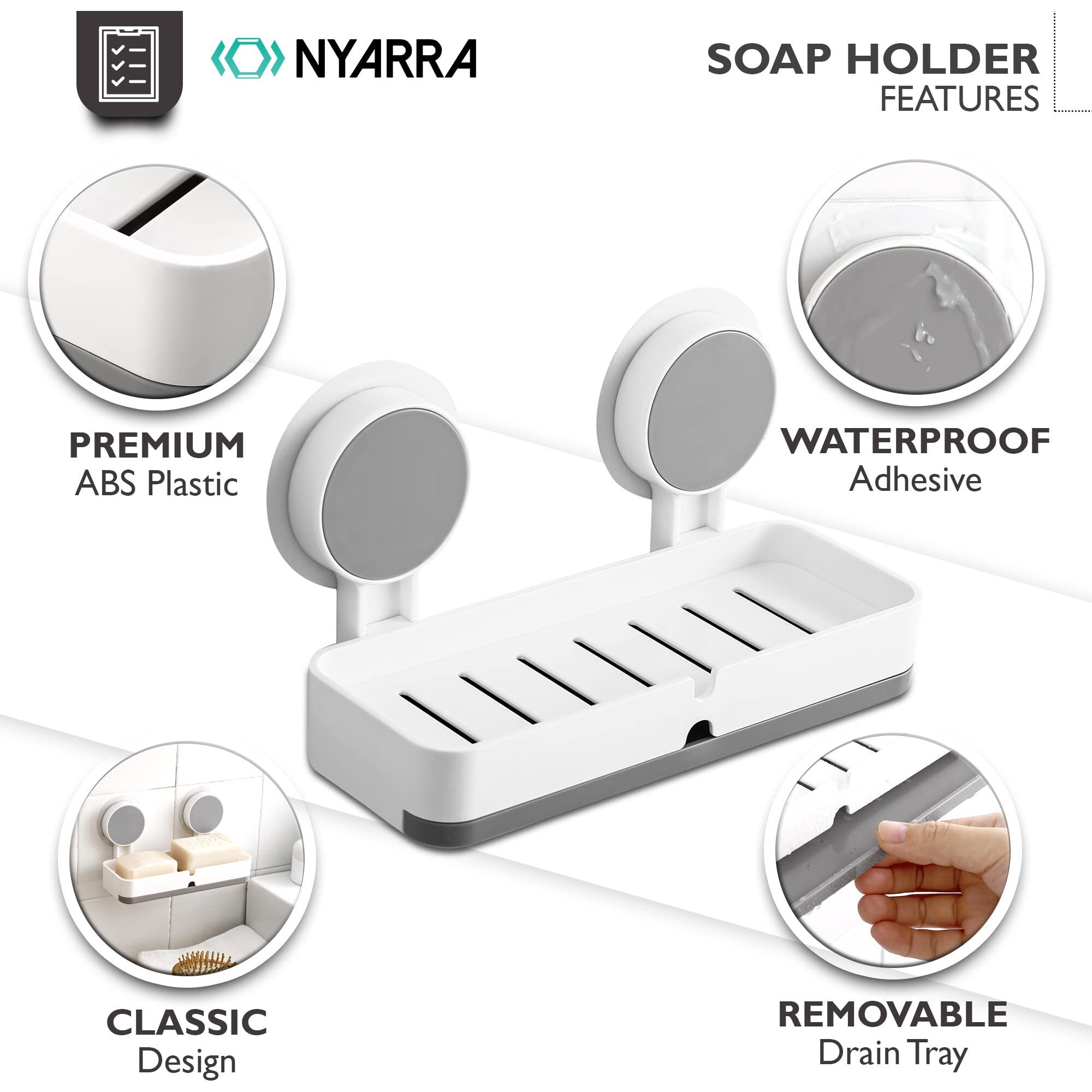 Nyarra acrylonitrile_butadiene_styrene_abs Soap Holder For Bathroom, Non-Drill Wall Mount Magic Sticker Self Adhesive Soap Stand For Bathroom With Removable Drain Tray [Nr-1335]