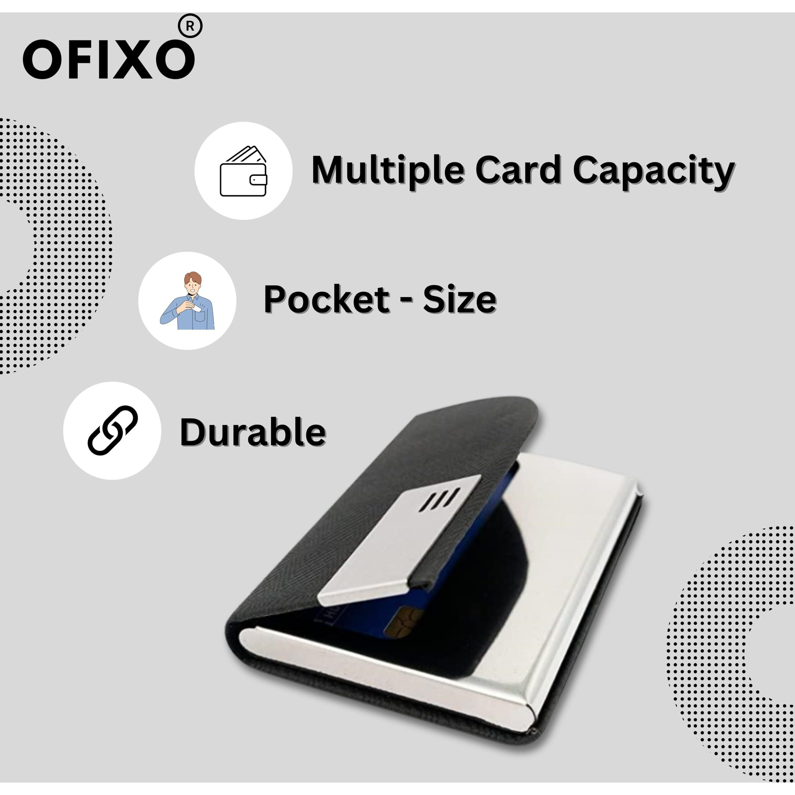 OFIXO Stainless Steel Business Card Case Leather Men Luxury Brand ID Credit Card Visiting Cards Holder Wallet(Silver)
