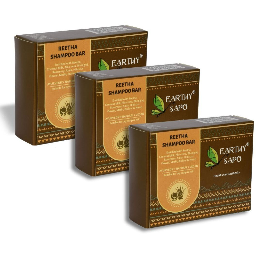 Earthy Sapo Reetha Shampoo Bar for Dry Hair (100g, Pack of 3) | Handmade Ayurvedic Hair Care | Vegan, Chemical-Free, Eco-Friendly | Reetha & Coconut Milk for Nourished Hair