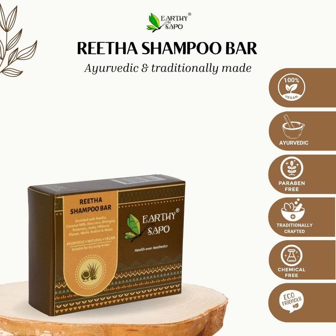 Earthy Sapo Reetha Shampoo Bar for Dry Hair (100g, Pack of 3) | Handmade Ayurvedic Hair Care | Vegan, Chemical-Free, Eco-Friendly | Reetha & Coconut Milk for Nourished Hair