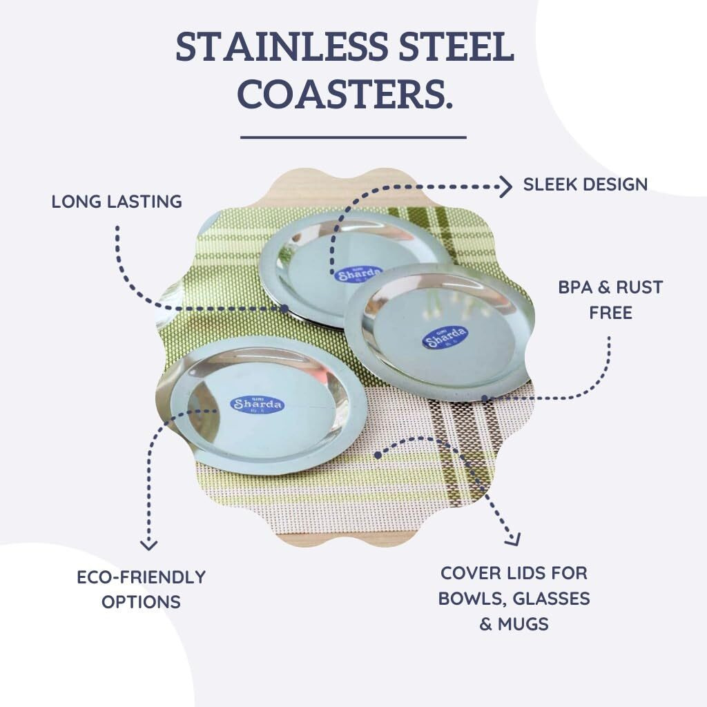 Sharda Metals Stainless Steel Heavy Gauge Ciba Lids, Coasters for Cups, Mugs, Glasses, Tumblers, bowls and katori, Food Grade & BPA-free Covers  5 Inch, Set of 6