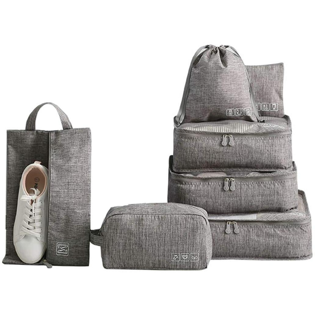 Styleys Polyester Blend Travel Organizer Packing Cubes Luggage Organiser Garment Storage Bags With Shoe Bag (Set Of 7, Grey - S11093)