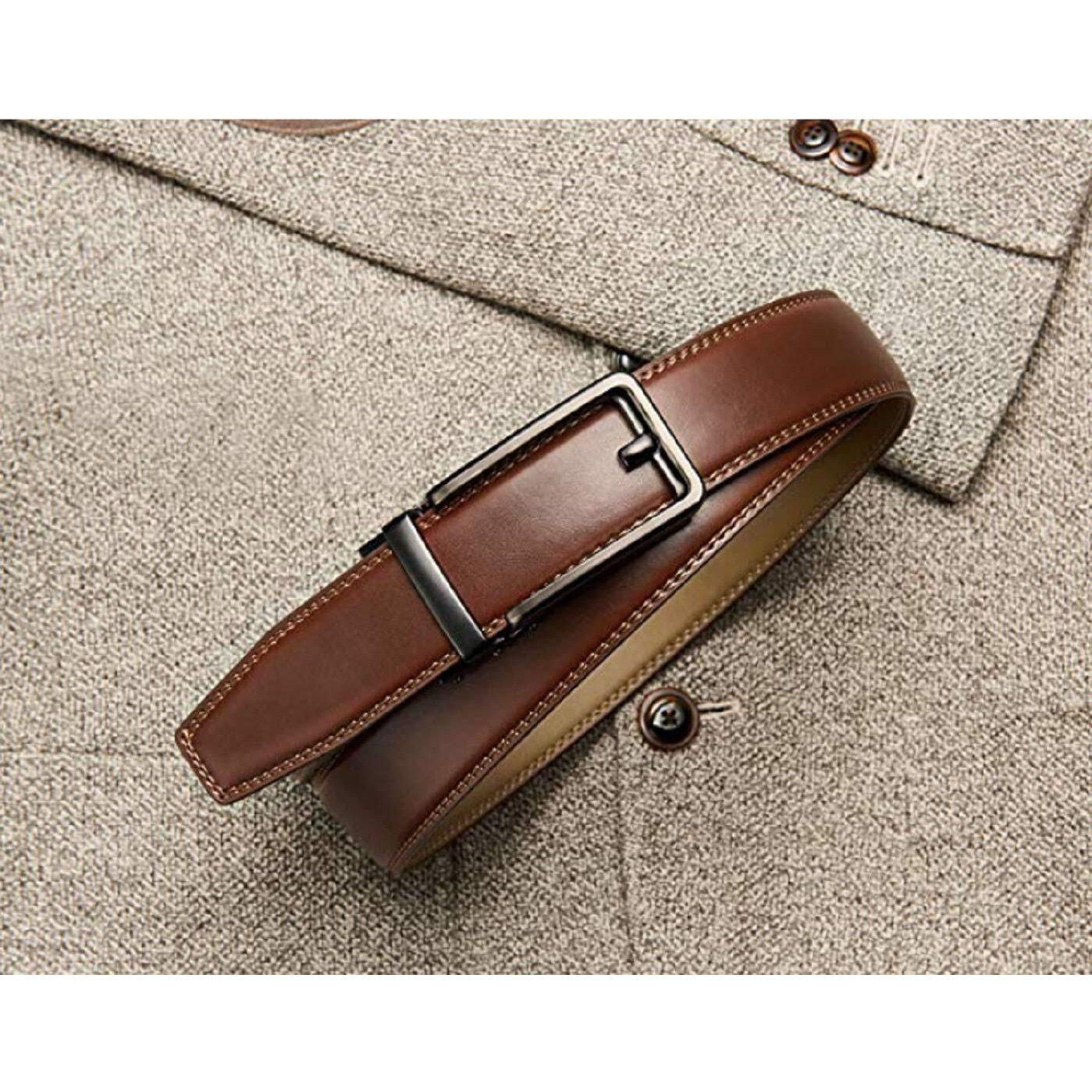 Contacts Genuine Leather Belt for Men with Easier Adjustable Autolock Buckle - Micro Adjustable Belt Fit Everywhere |Formal & Casual | Elegant Gift Box (15-Tan-Waist Size Fit from 28  to 42 )