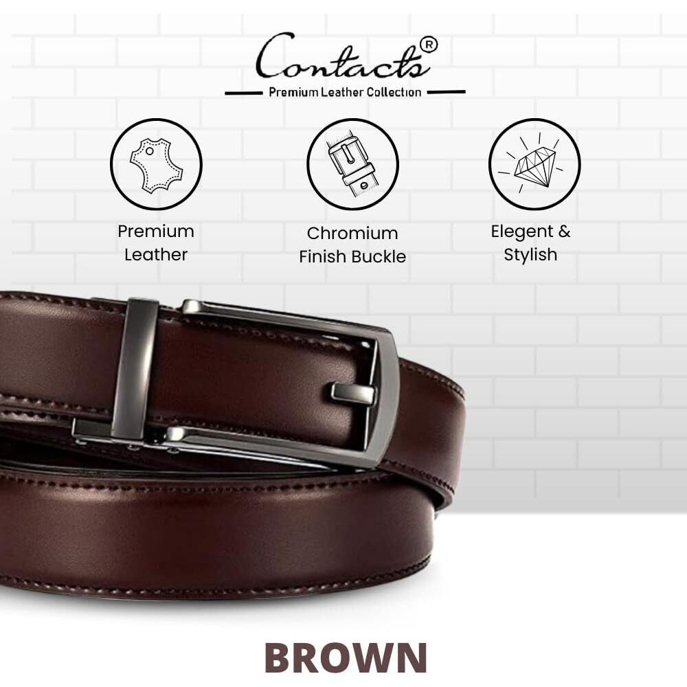 Contacts Genuine Leather Belt for Men with Easier Adjustable Autolock Buckle - Micro Adjustable Belt Fit Everywhere |Formal & Casual | Elegant Gift Box (15-Brown-Waist Size Fit from 28  to 42 )