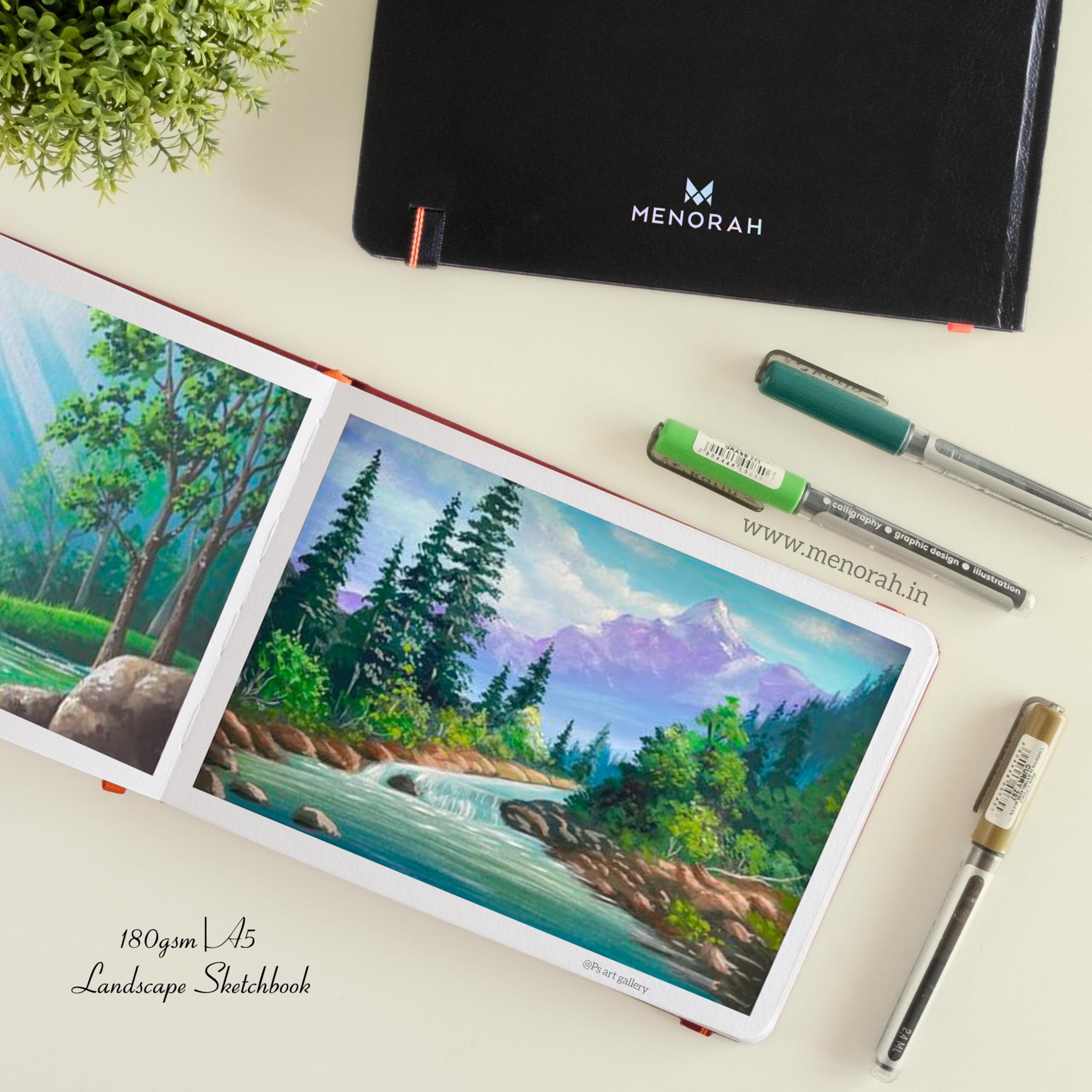 MENORAH Paper - A5 - Artist Sketchbook - 180 Gsm- Hard Bound, Sketch Book - 100 Pages/50 Sheets (Size 14.8 Cm X 21.0 Cm) - Completely Handmade - Drawing Book - Landscape, Oil Paint