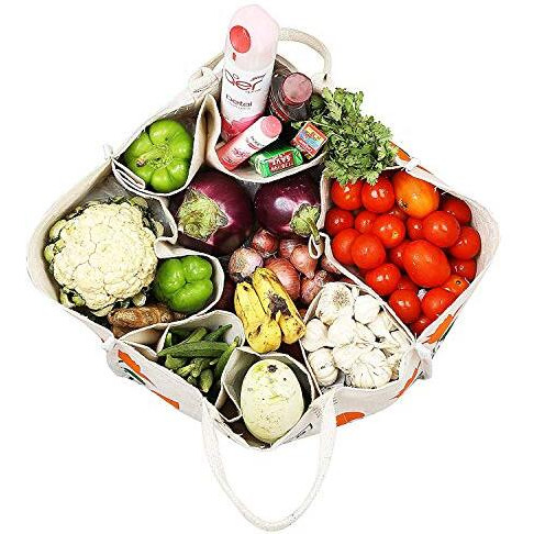 DoubleR Reusable Large Jhola Bag with 6 Compartments  Heavy Duty Cotton Canvas Waterproof Grocery & Vegetable Shopping Bag with Durable Handles, Eco-Friendly, Multi-Use Carry Bag (18x11x14.5 inches)