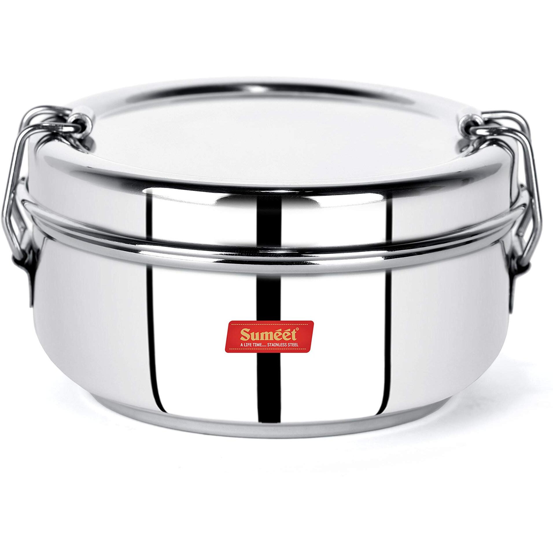 Sumeet Stainless Steel Food Pack Lunch Box with Steel Separator Plate and Locking Clip, 350ML Capacity