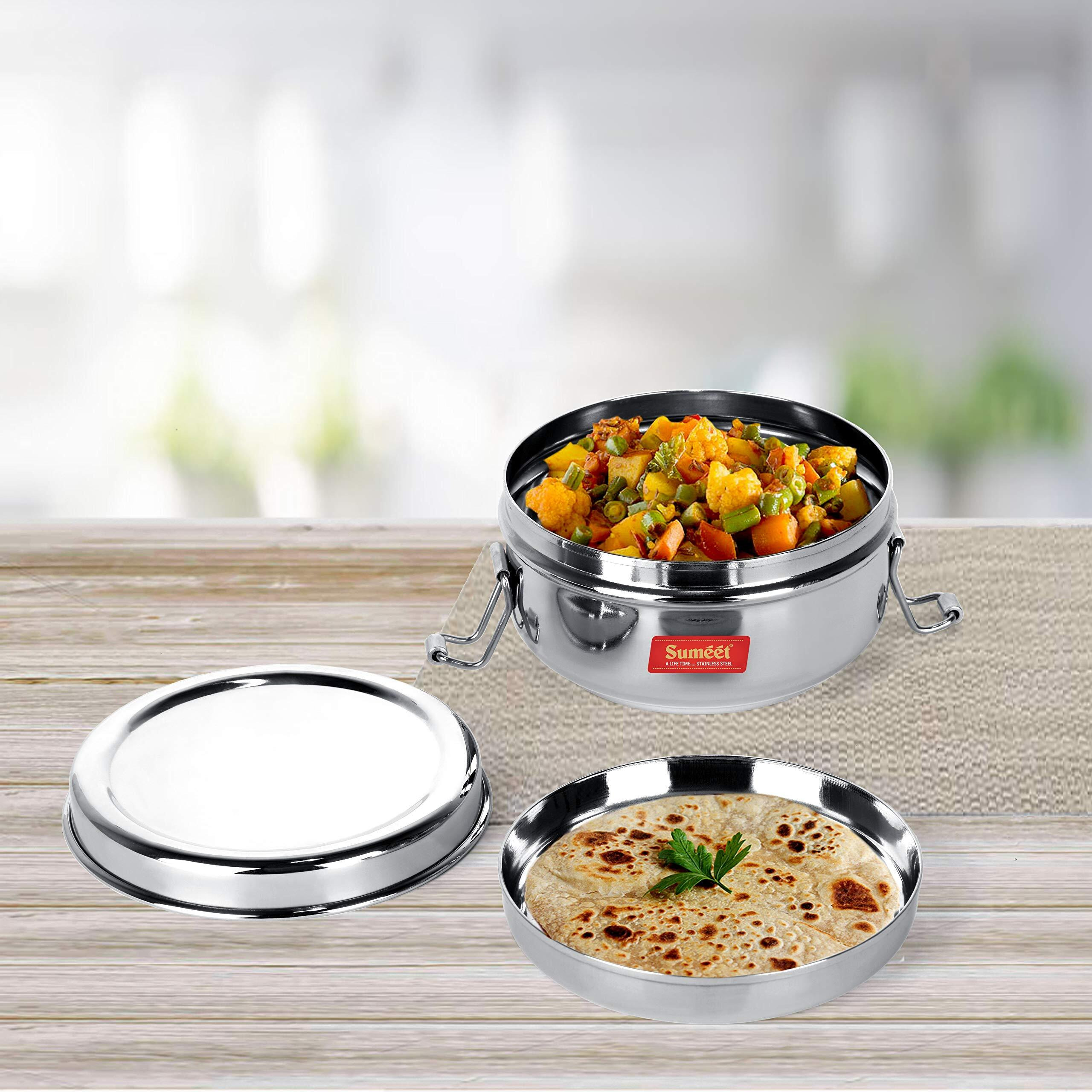 Sumeet Stainless Steel Food Pack Lunch Box with Steel Separator Plate and Locking Clip, 350ML Capacity
