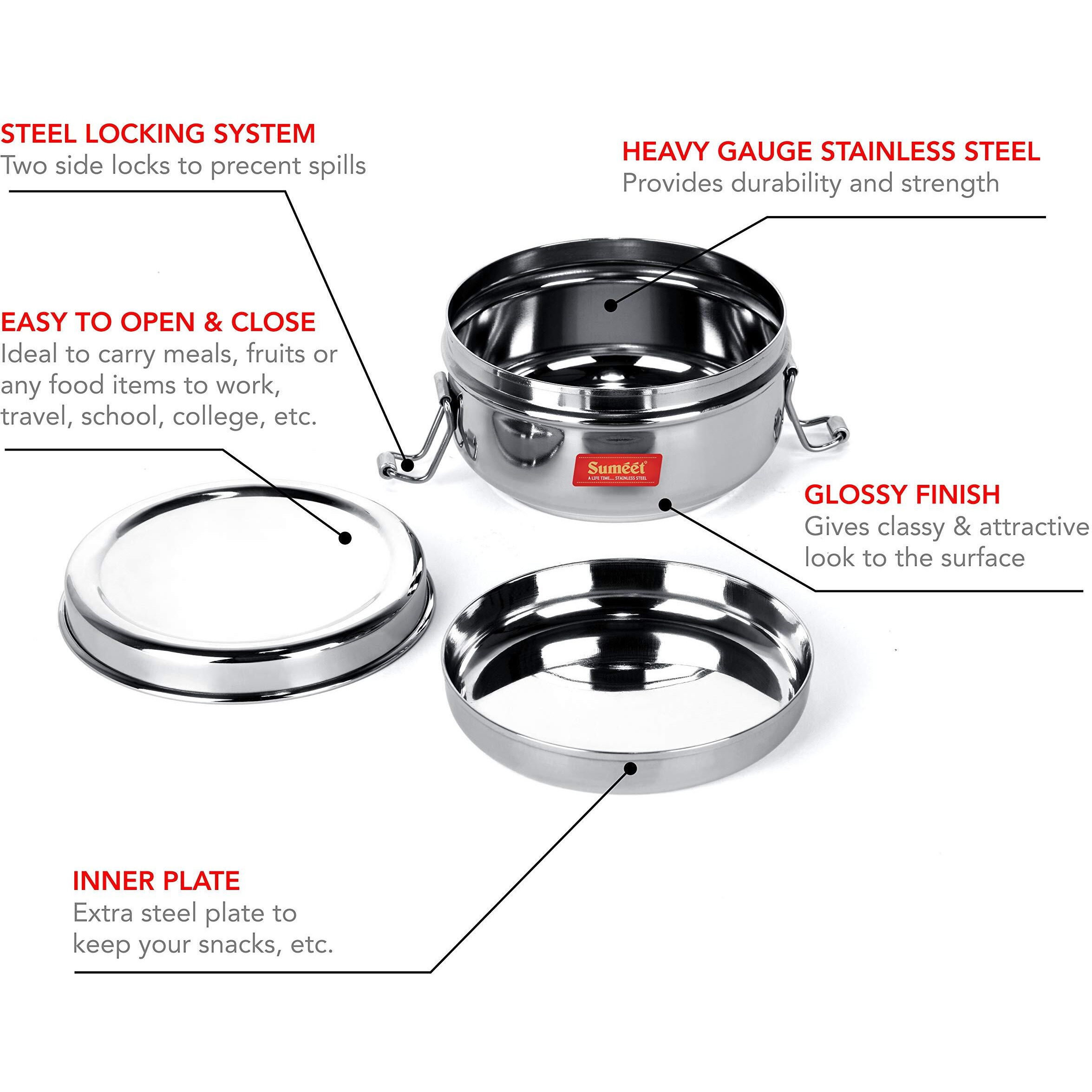 Sumeet Stainless Steel Food Pack Lunch Box with Steel Separator Plate and Locking Clip, 350ML Capacity