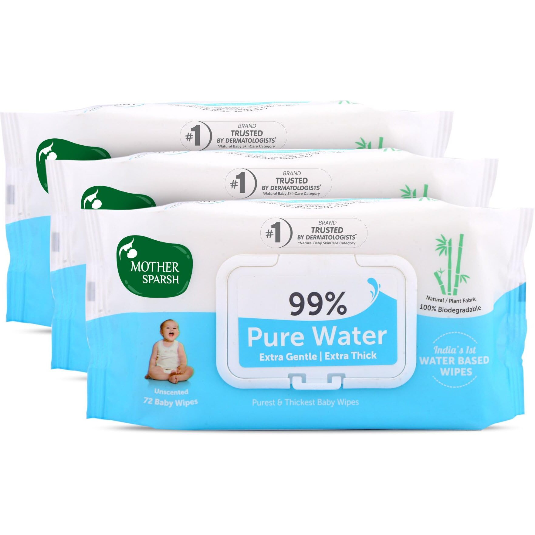 Mother Sparsh 99% Pure Water (Unscented) Baby Wipes I Natural Plant Made Cloth - Super Thick I 72pcs/Pack - Pack Of 3