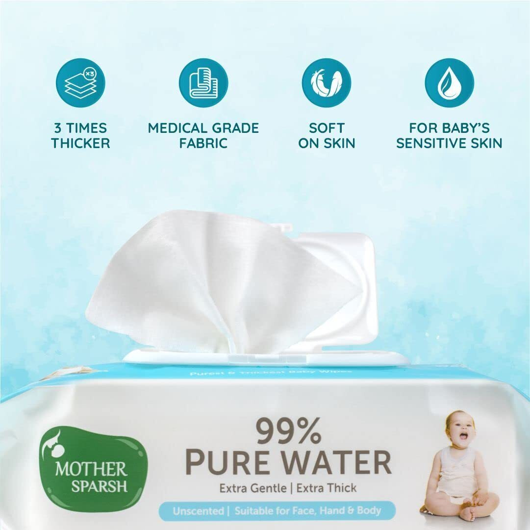 Mother Sparsh 99% Pure Water (Unscented) Baby Wipes I Natural Plant Made Cloth - Super Thick I 72pcs/Pack - Pack Of 3