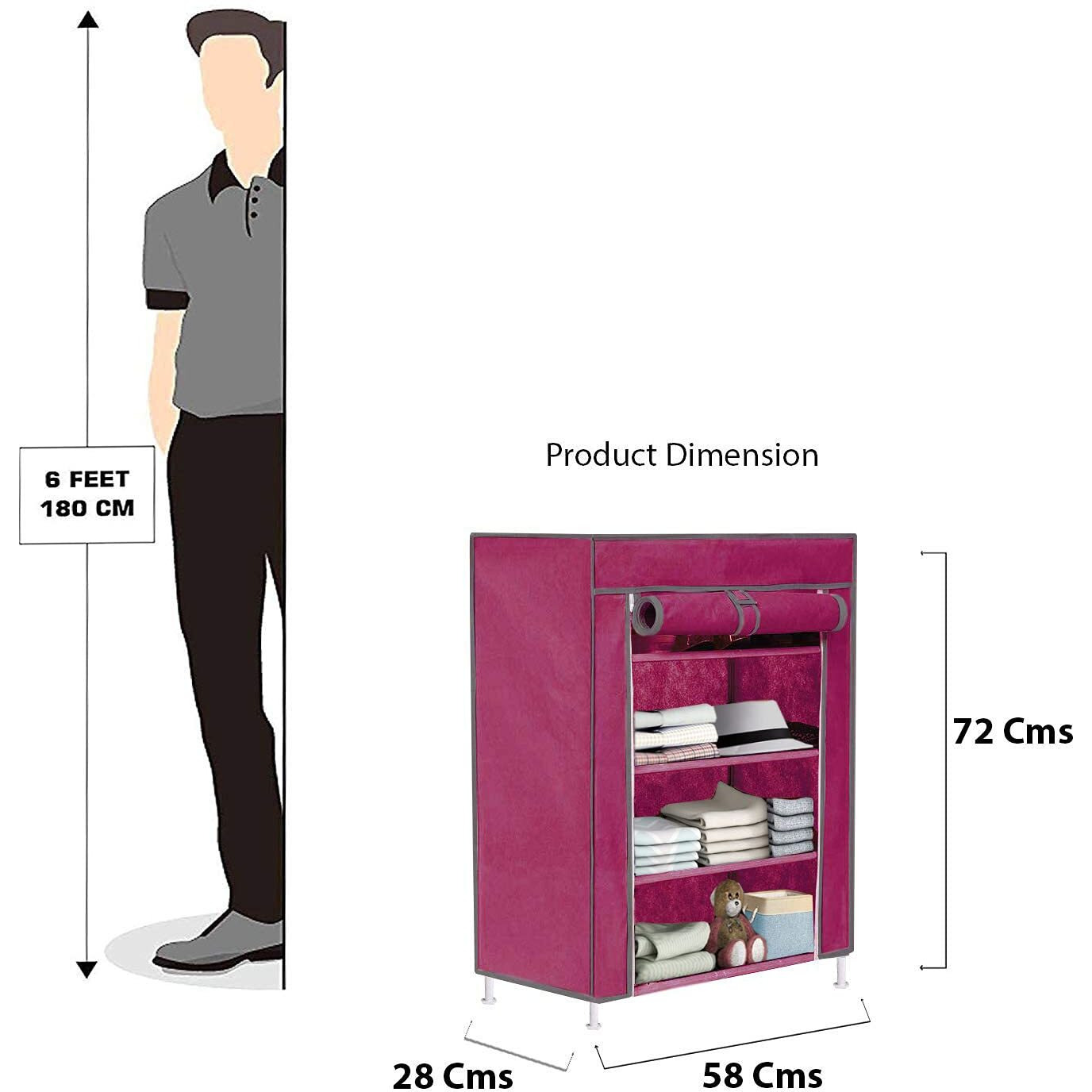 FLIPZON | 4 Shelves Baby Foldable Wardrobe | Non-Woven Fabric Shelves | Maroon, Metal, 72 Cm, 58 Cm