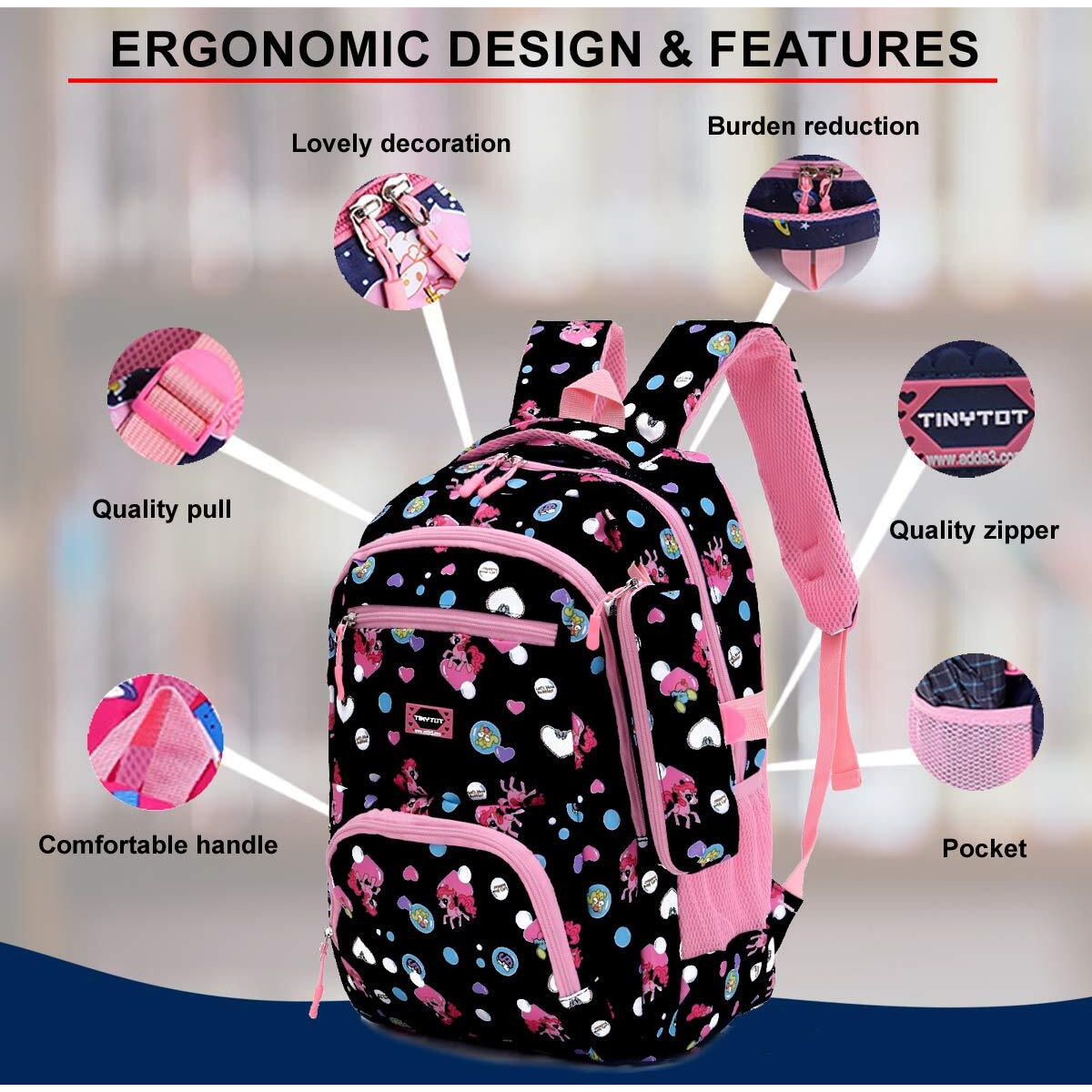Tinytot School Bag for Girl with Pencil Pouch  26 Litre, 18 Inches, Durable & Sleek Waterproof Tuition and College Bag for Girls, Multicolored Picnic & Travel Backpack for Girls