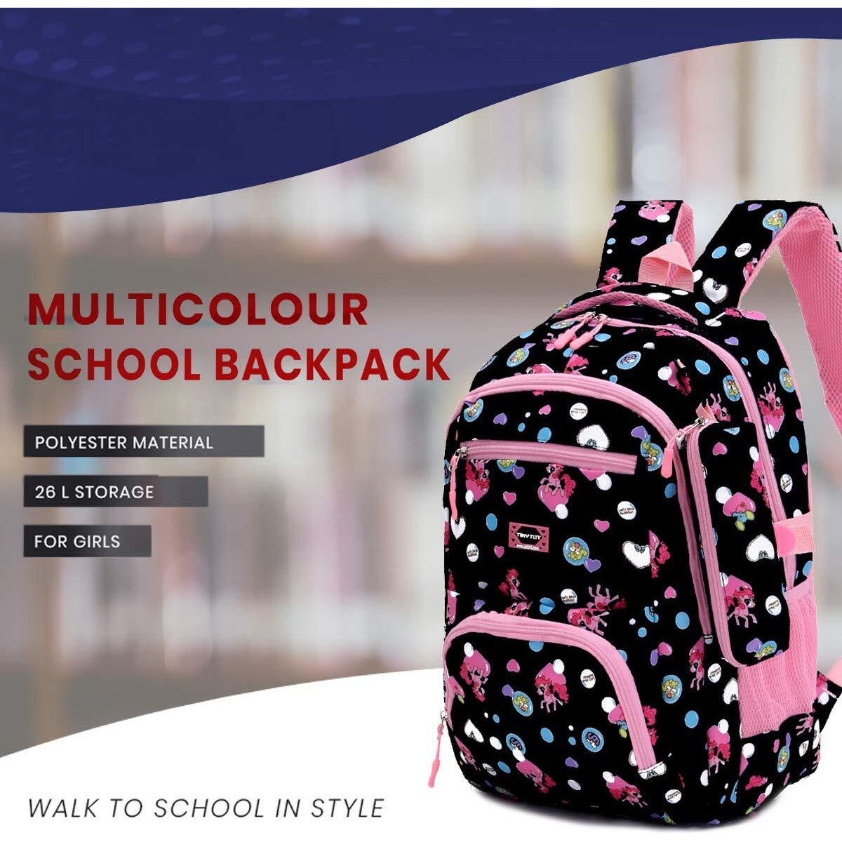 Tinytot School Bag for Girl with Pencil Pouch  26 Litre, 18 Inches, Durable & Sleek Waterproof Tuition and College Bag for Girls, Multicolored Picnic & Travel Backpack for Girls