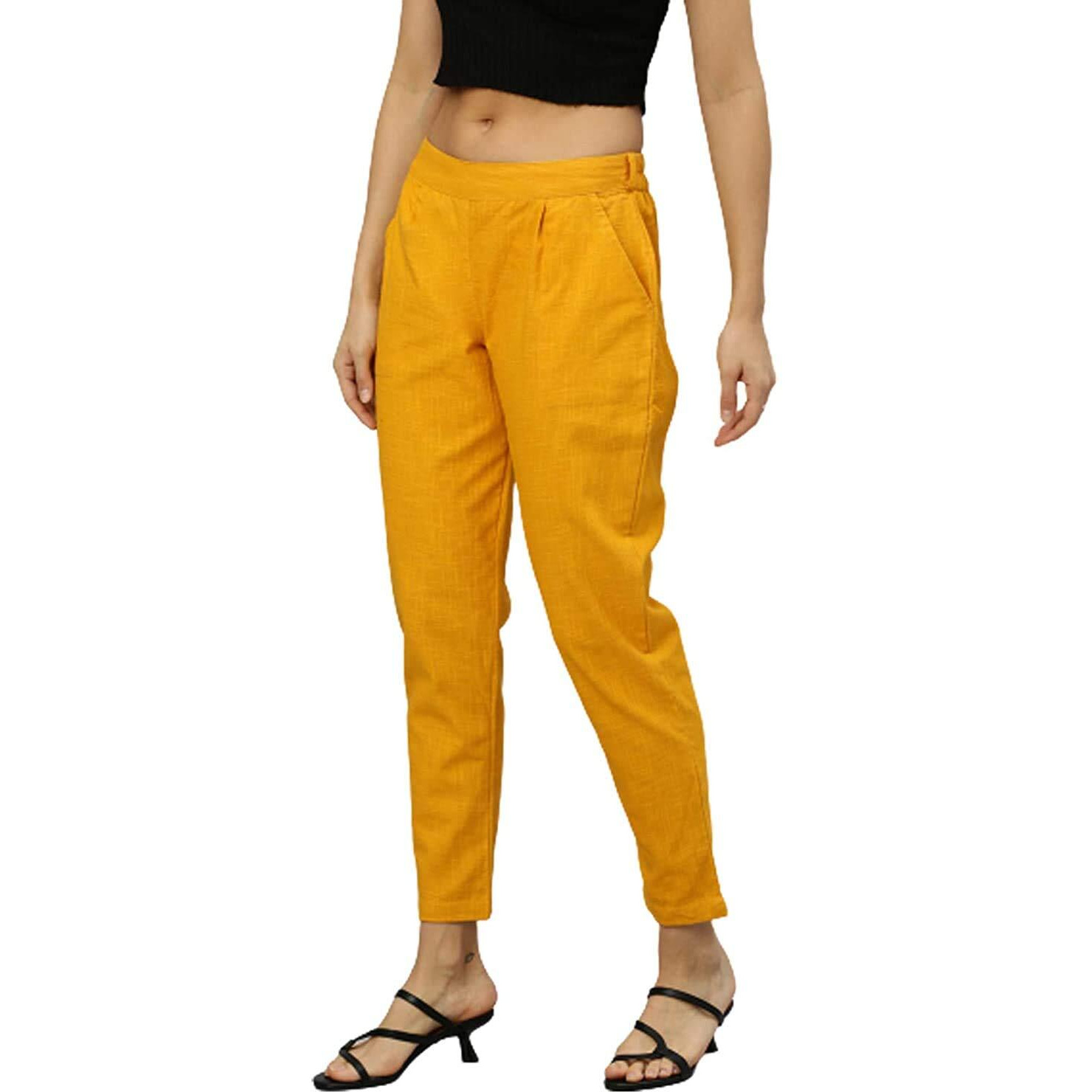 YASH GALLERY Women s Cotton Slub Solid Regular Fit Casual Trouser Pants Mustard