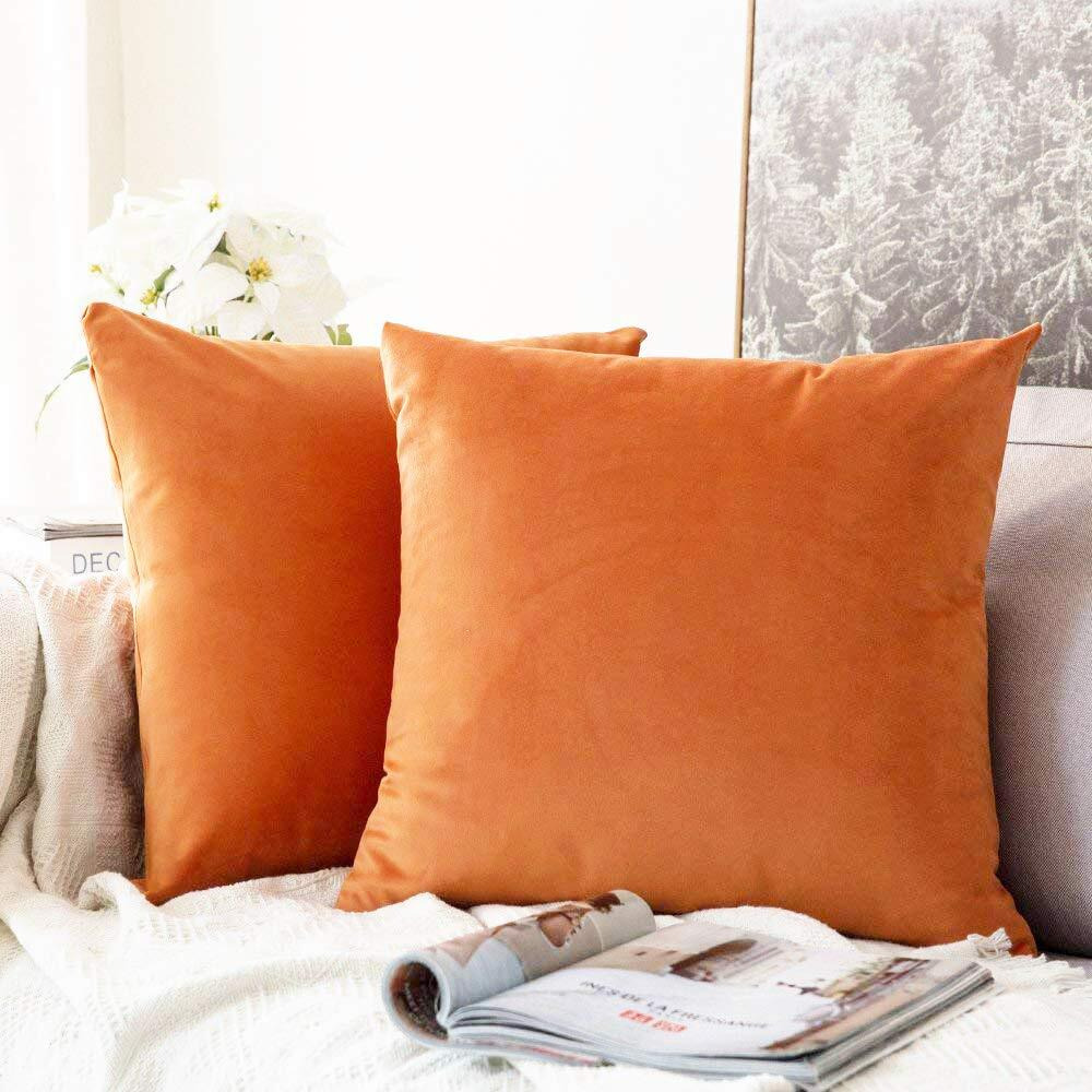 Khooti Velvet Cushion Cover, 30x30 (Orange)(Pack of 3)