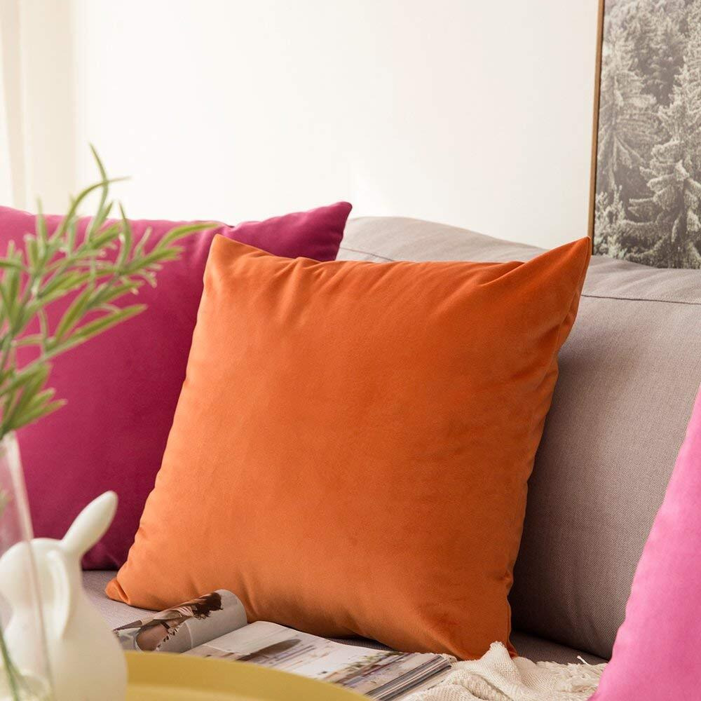 Khooti Velvet Cushion Cover, 30x30 (Orange)(Pack of 3)