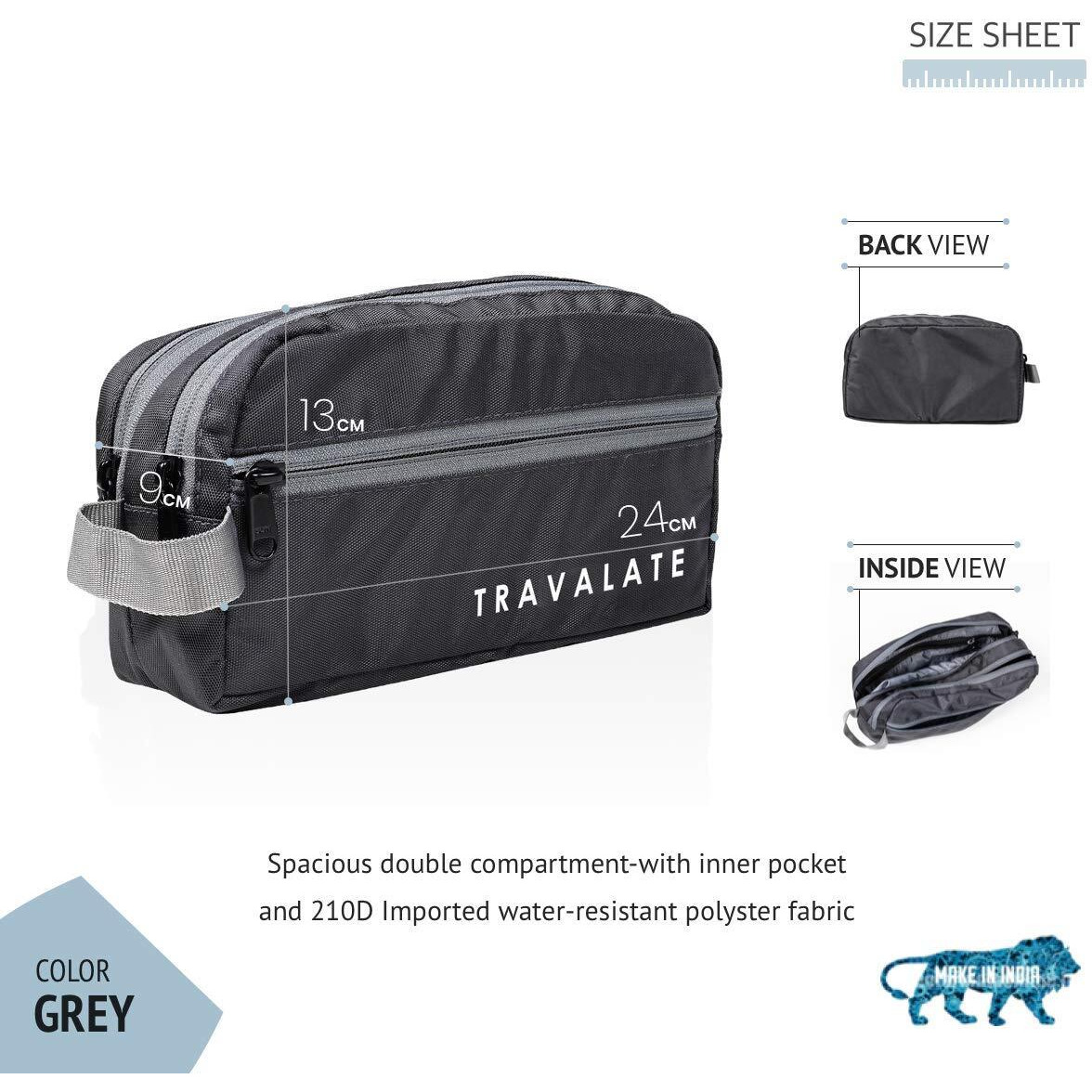 TRAVALATE Polyester Multipurpose Toiletry Kit Bag For Man And Women s | Double Compartment Travel Essentials Travel Organizer Travel Pouch For Men Travel Kit For Toiletries - Grey, 9Cm
