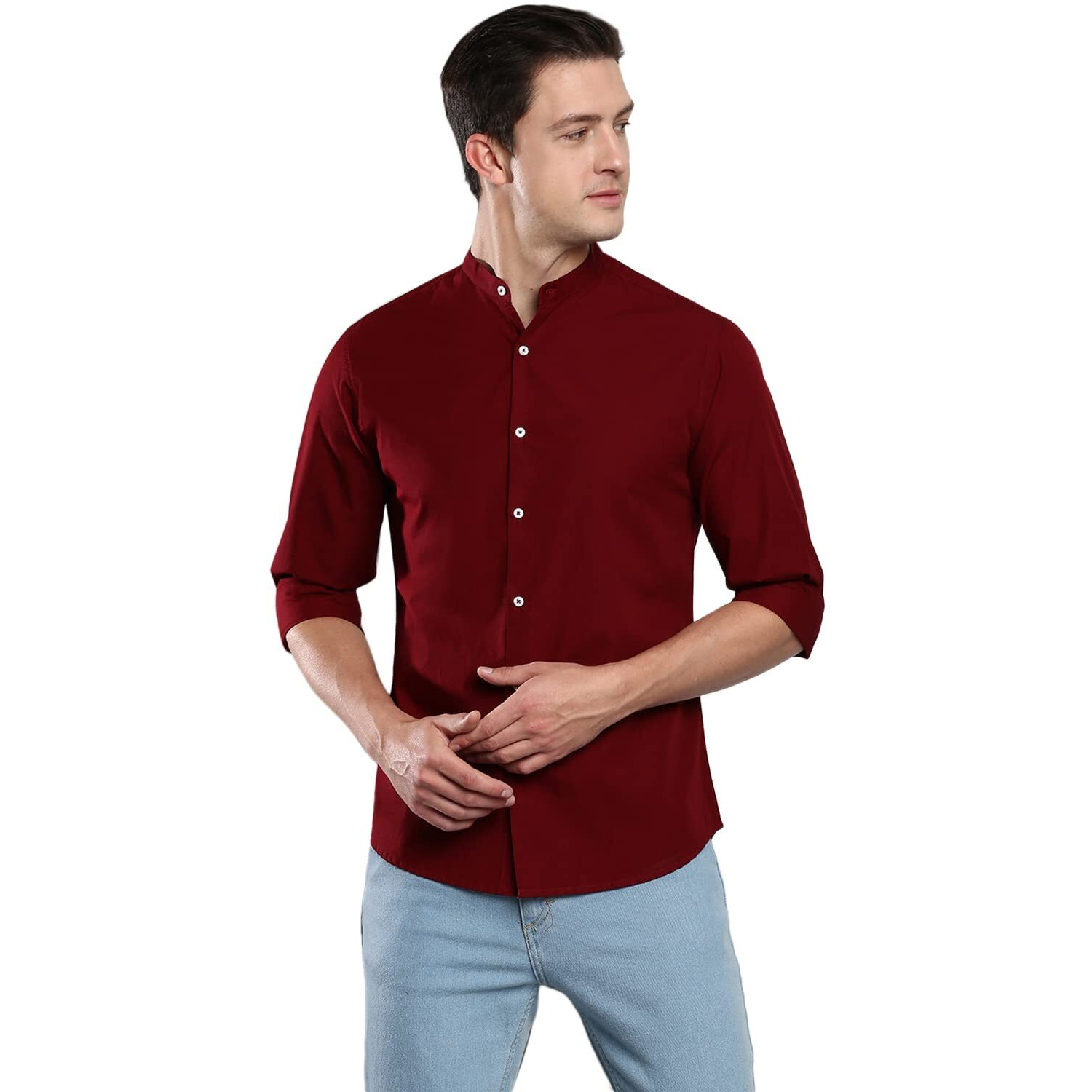 Dennis Lingo Men s Cotton Solid Mandarin Collar Slim Fit Casual Shirt (CC201_DARKRED, XXL)