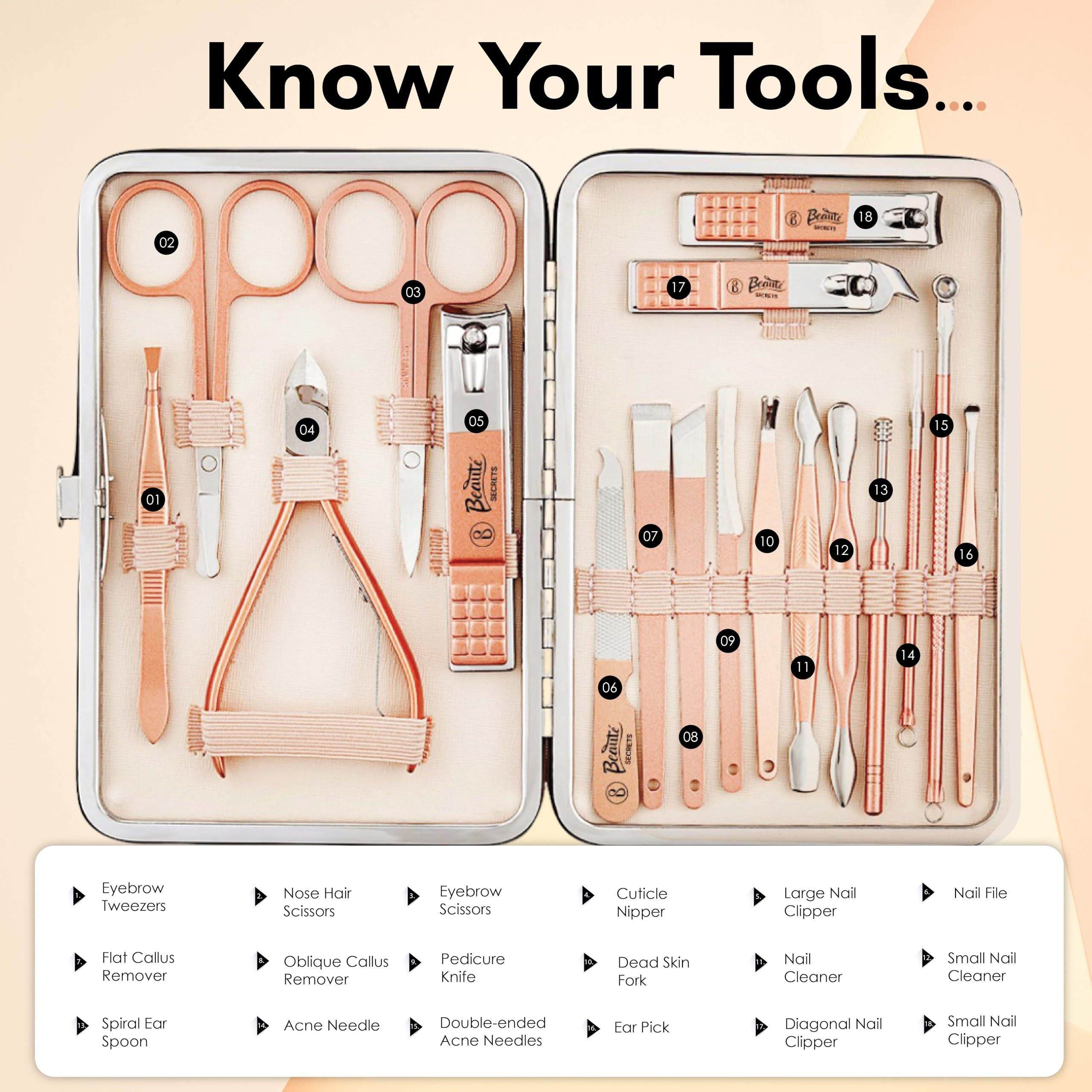 Beaut Secrets Manicure Kit, pedicure tools for feet, Nail Clipper, Manicure Pedicure kit for women and Men, 18 Pieces,Perfect Gifts for Women and Men (Rose Gold)